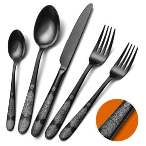 black silverware set for 8, eiubuie 40 piece premium stainless steel classic black cutlery set, mirror polished flatware sets with pattern handle, modern kitchen eating utensils set