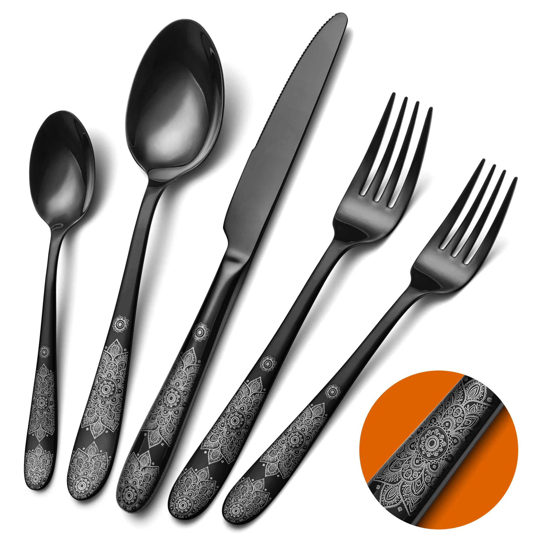 Black Silverware Set for 8, EIUBUIE 40 Piece Premium Stainless Steel Classic Black Cutlery Set, Mirror Polished Flatware Sets with Pattern Handle, Modern Kitchen Eating Utensils Set