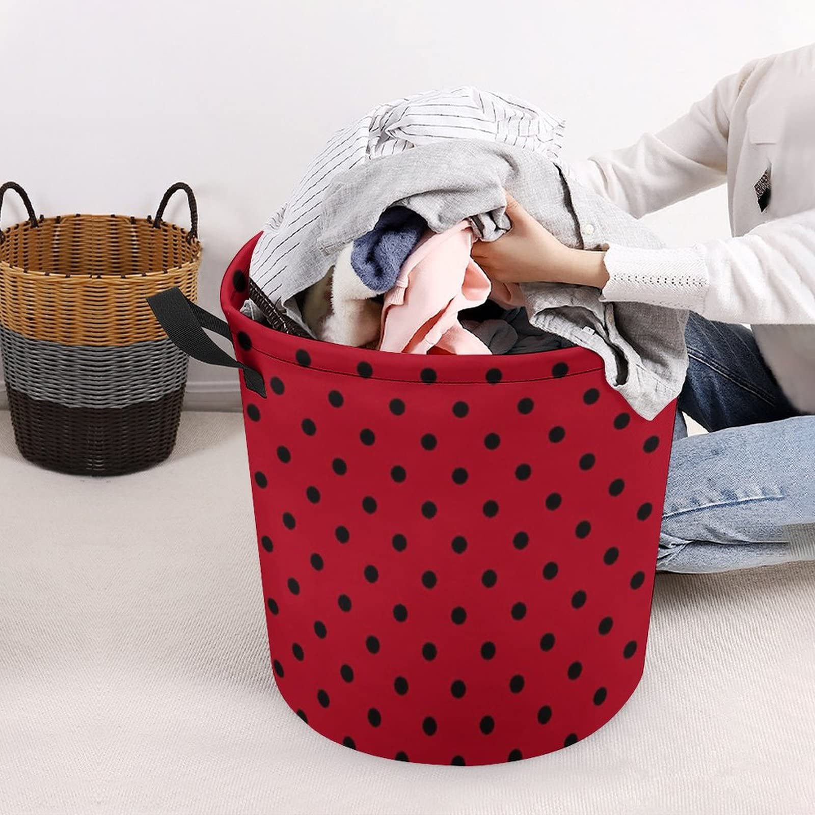 Large Laundry Hamper, Bag, Red and Black Polka Dots Collapsible Laundry Basket Dirty Clothes Washing Bin for College Dorm, Family Essentials