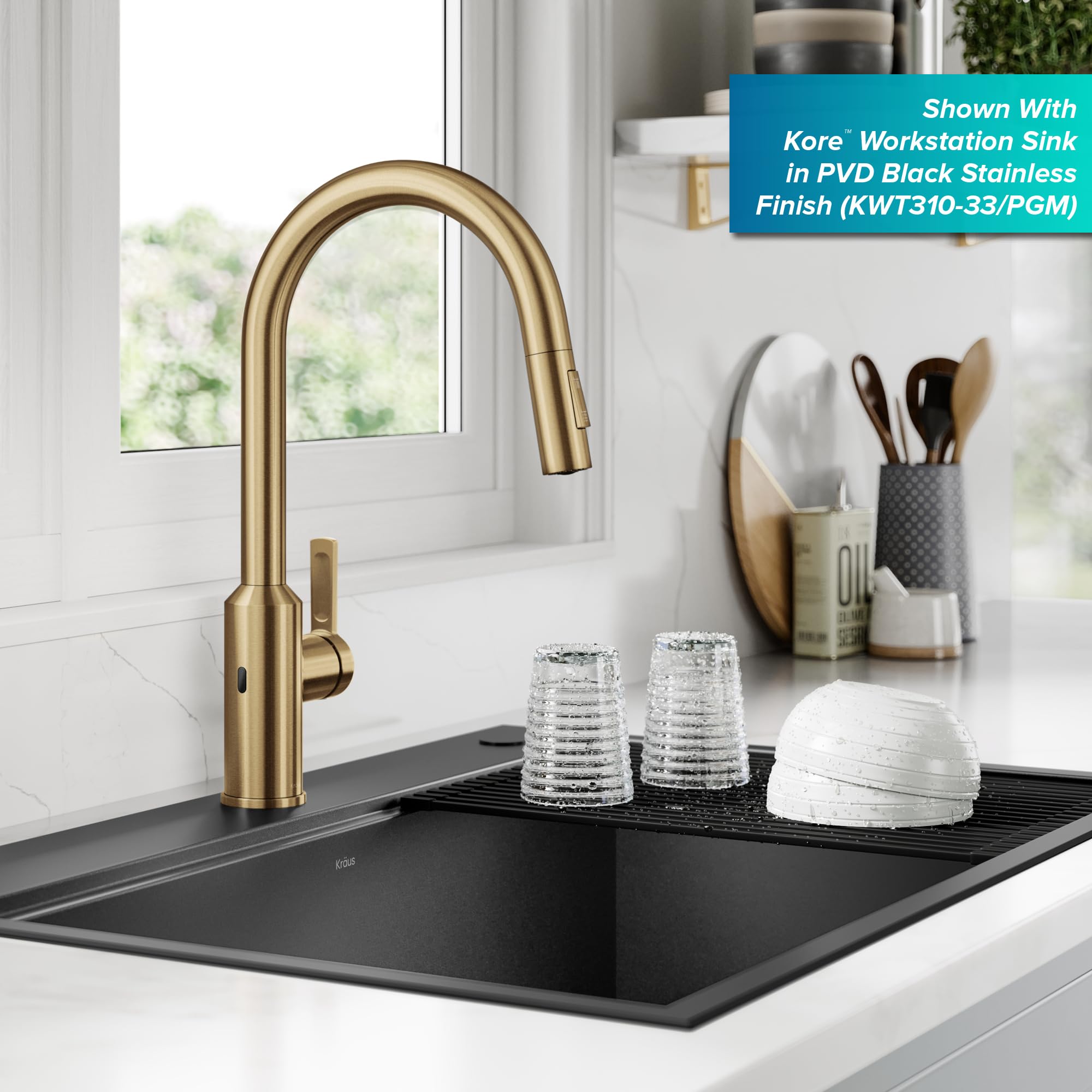 KRAUS Oletto Touchless Sensor Pull-Down Single Handle Kitchen Faucet in Brushed Brass, KSF-2830BB