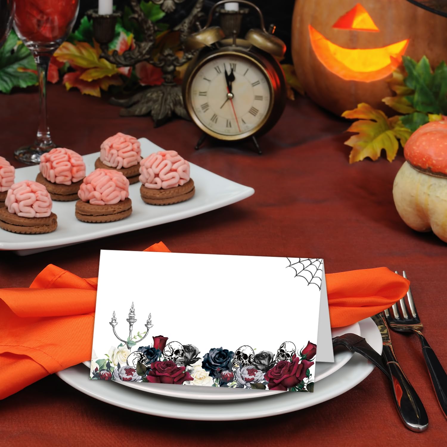 2.1x 3.5 In Place Cards for Halloween, Scored for Easy Folding, Floral and Skull Seating Cards, Table Tent Style Name Cards for Dinner Reception, Buffet Banquets, Happy Halloween Decorations -03