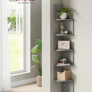 VASAGLE Corner Shelf Wall Mount, 5-Tier Floating Corner Bookshelf, Plant Shelf for Bedroom, Living Room, Bathroom, Home Office, Dove Gray