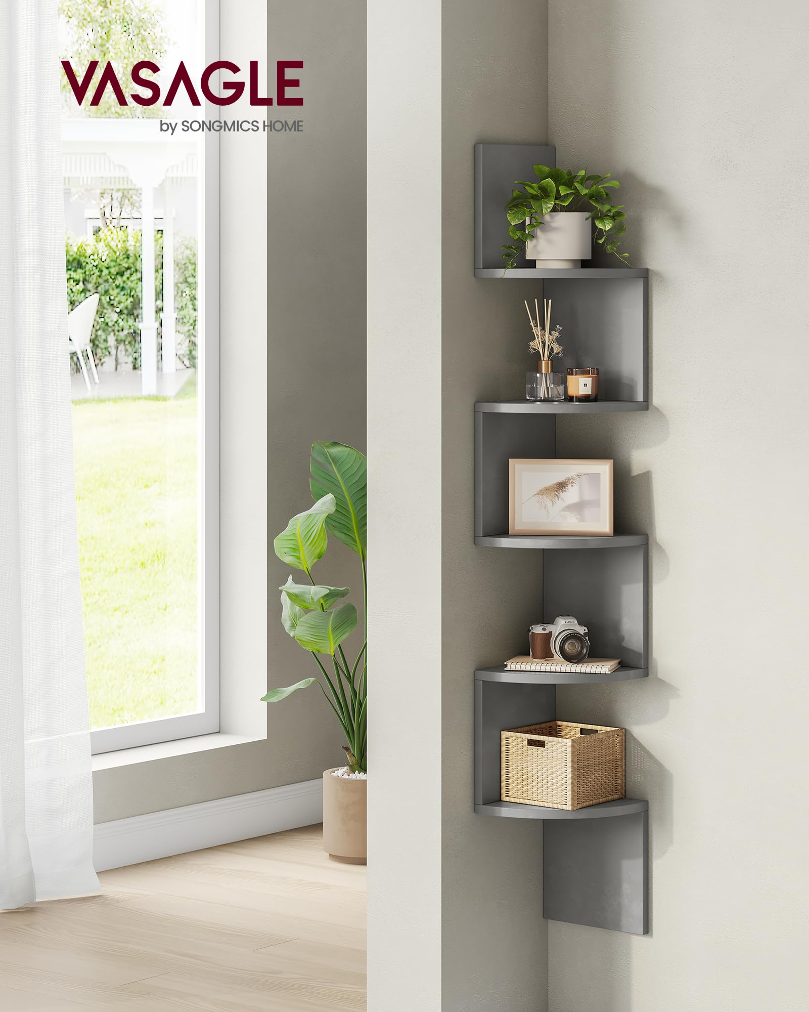 VASAGLE Corner Shelf Wall Mount, 5-Tier Floating Corner Bookshelf, Plant Shelf for Bedroom, Living Room, Bathroom, Home Office, Dove Gray