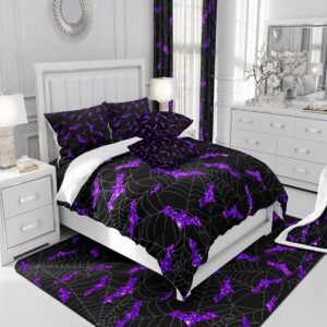 Purple Glitter Bat Duvet Cover Set Full Size Spider Web Bedding Set 3Pcs Happy Halloween Theme Comforter Cover for Kids Boys Girls Teens Room Decor Fashion Gothic Black Quilt Cover,2 Pillowcases