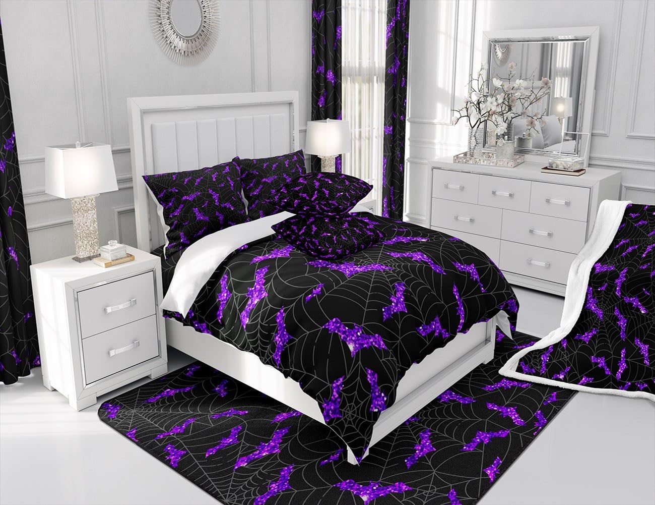 Purple Glitter Bat Duvet Cover Set Full Size Spider Web Bedding Set 3Pcs Happy Halloween Theme Comforter Cover for Kids Boys Girls Teens Room Decor Fashion Gothic Black Quilt Cover,2 Pillowcases