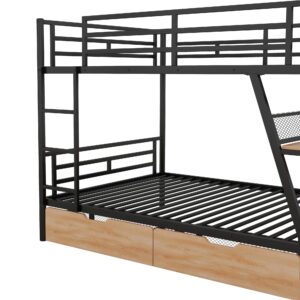 Flieks Bunk Bed, Full Over Full Metal Bunk Bed Frame with Built-in Desk, Light, 2 Drawers, Safety Guard Rails and Ladder, Heavy-Duty Steel Frame Bunk Bed for Kids Teens Adults (Black)