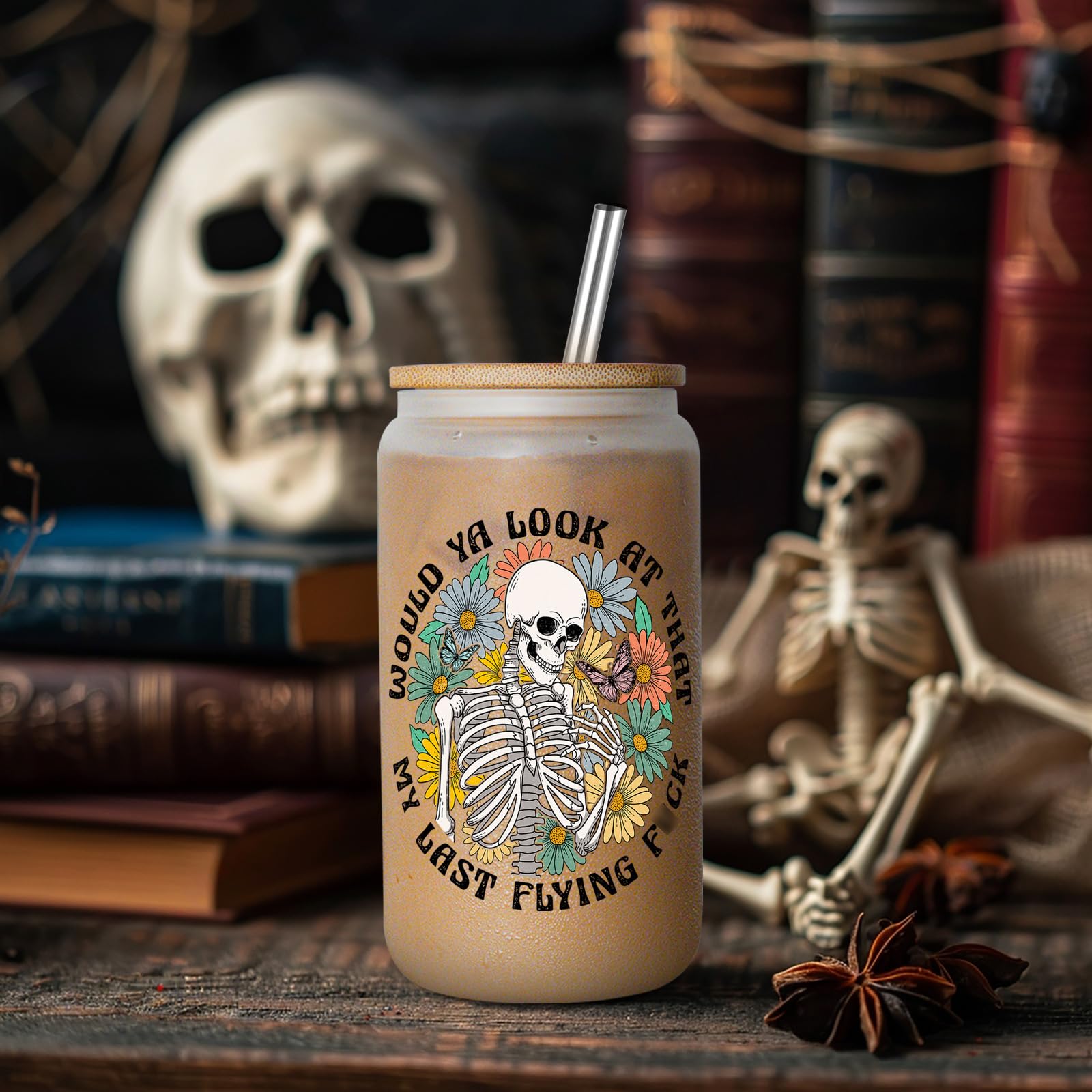 GSPY Skeleton Cup, Halloween Glass Cups with Lids and Straws - 16 oz Iced Coffee Cups, Funny Spooky Skull Tumbler - Witchy Gifts for Women - Christmas, Halloween Gifts for Friend, Sister, Mom