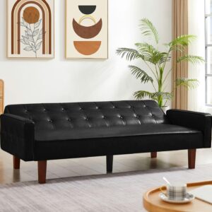 HoynPuko Multi-Functional Convertible Double Folding PU Leather Sofa Bed Living Room Furniture with Removable Wooden Legs, Adjustable Button Tufted Backrest, 74.41" W x 32.67" D x 29.13" H Black