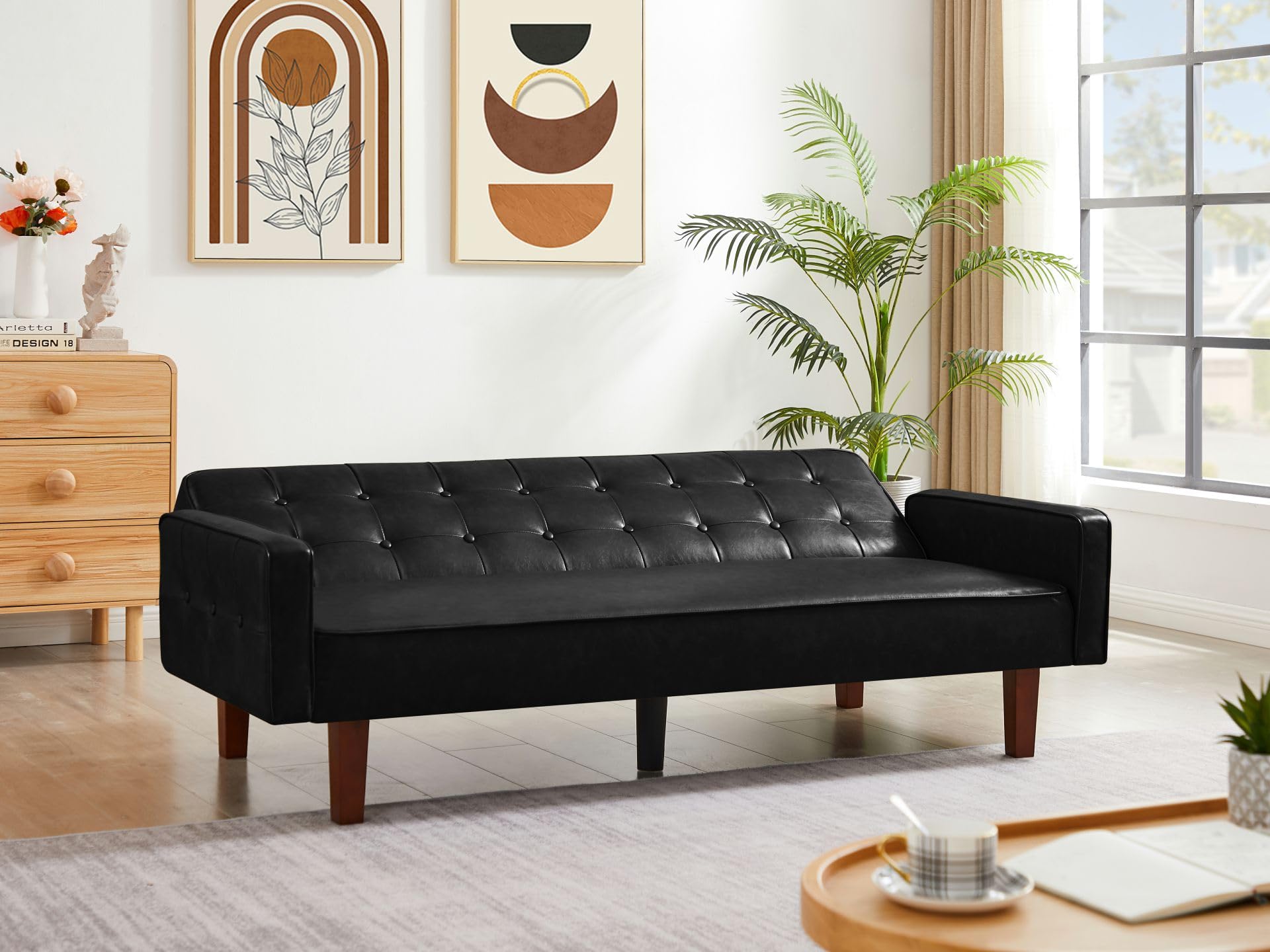 HoynPuko Multi-Functional Convertible Double Folding PU Leather Sofa Bed Living Room Furniture with Removable Wooden Legs, Adjustable Button Tufted Backrest, 74.41" W x 32.67" D x 29.13" H Black