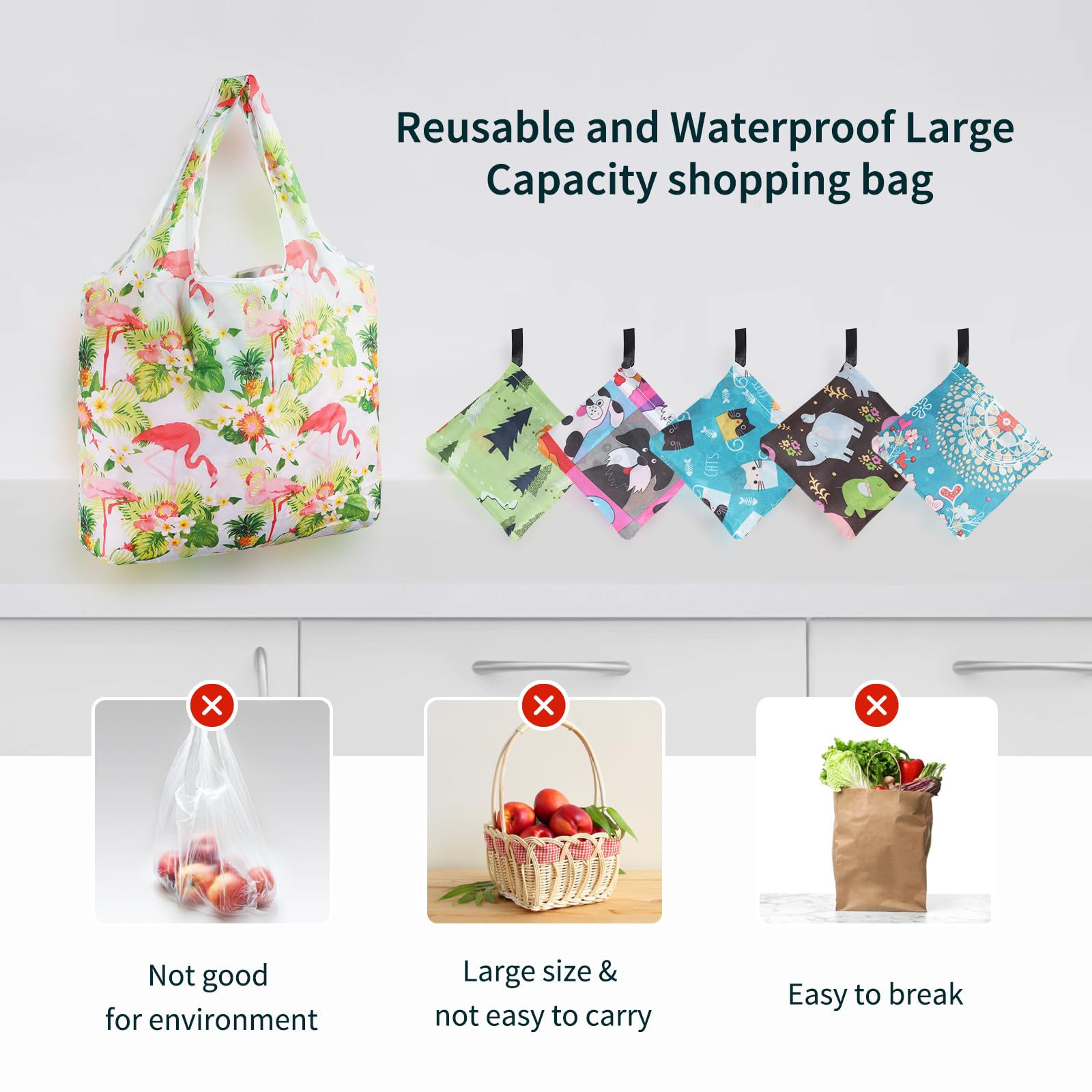 6 Pack Foldable Reusable Shopping Bags Grocery Bags, Grocery Tote Bags to Fits in Pocket, Lightweight, Strong & Machine Washable