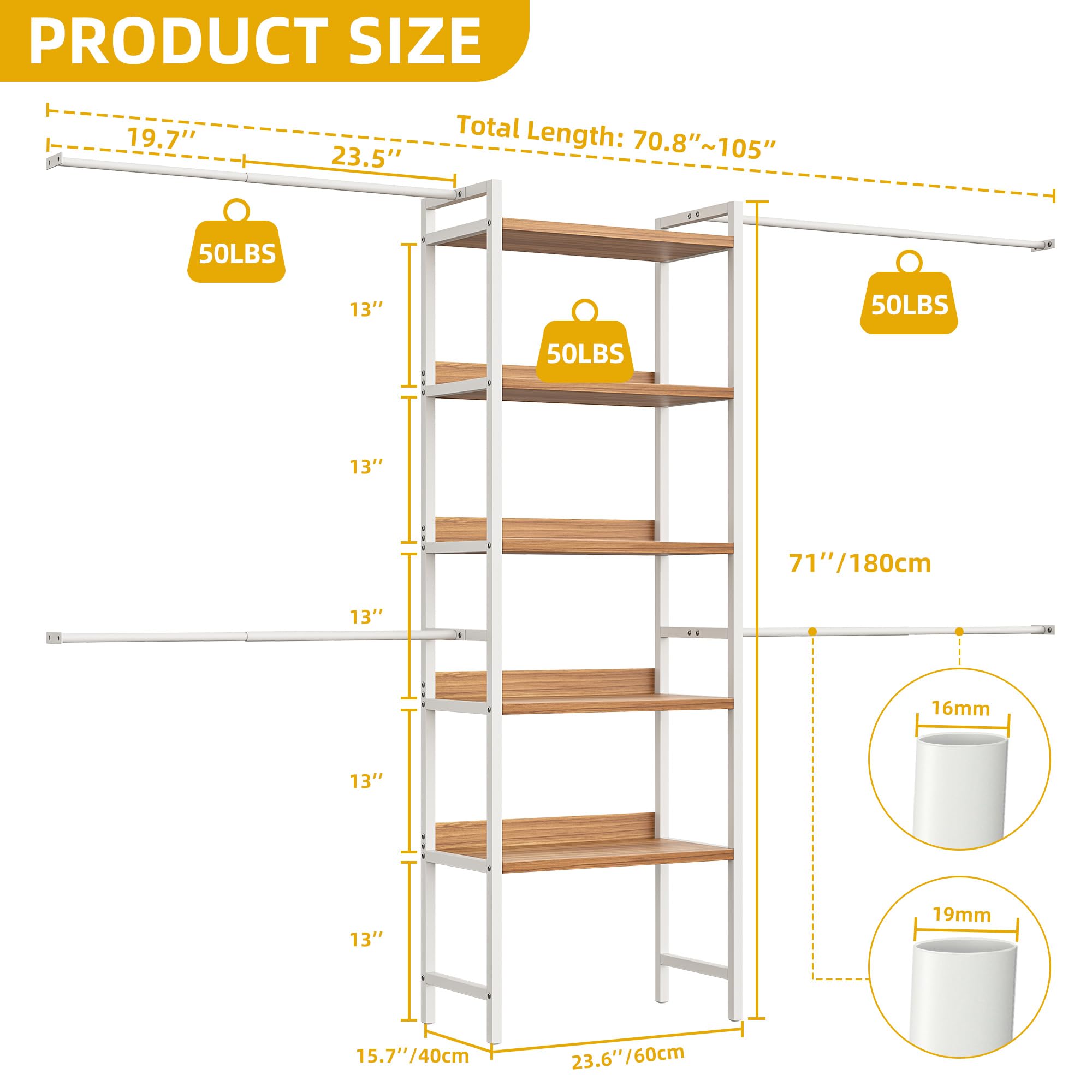 DWVO Closet Organizer System for Bedroom, Adjustable Heavy Duty Garment Rack Walk In Closet System, 4 Expandable Hanger Rods 5-Tier Wood Closet Storage Shelves with Backplane, Fits 6-9 ft Space, White