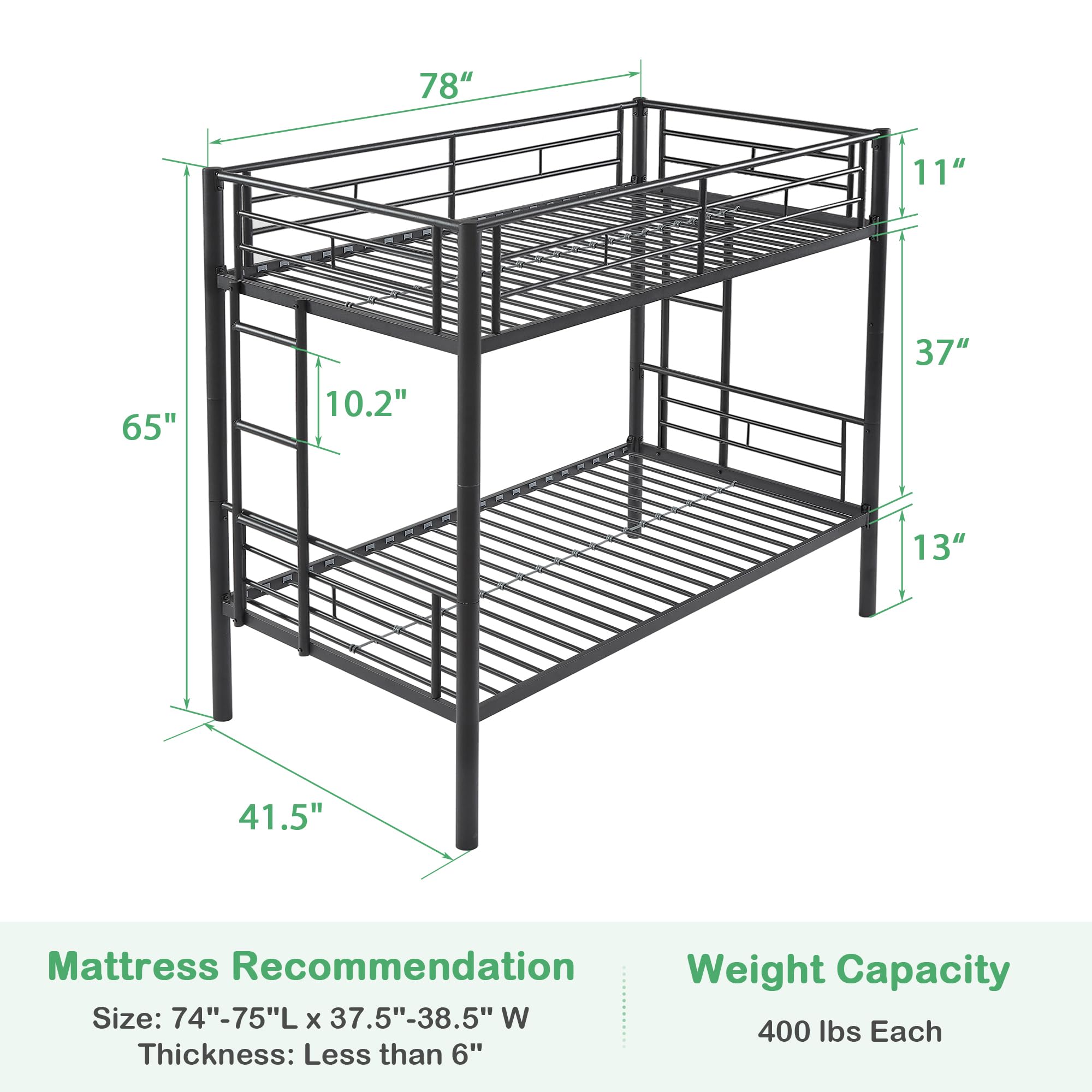 VECELO Metal Bunk Bed Twin Over Twin, Industrial Bunkbeds with Ladder and Full-Length Guardrail, Noise Free, No Boxing Spring Needed, Black