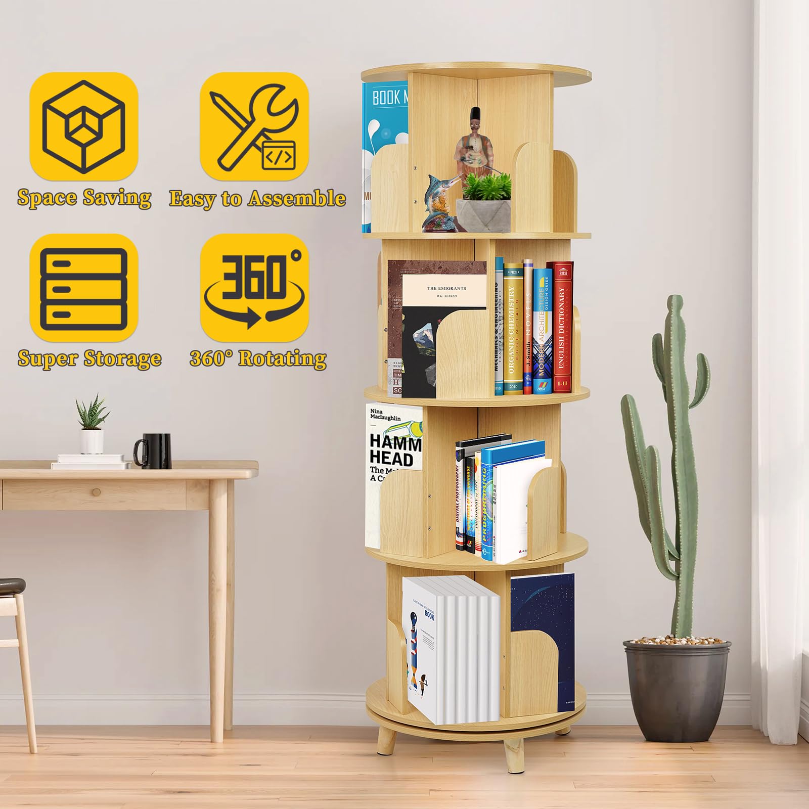 ybaymy Rotating Bookshelf, 4 Tier Floor Standing Bookcase Storage Rack, 360° Spinning Bookshelf with Legs Floor-Standing Bookcase Storage Rack for Bedroom, Living Room