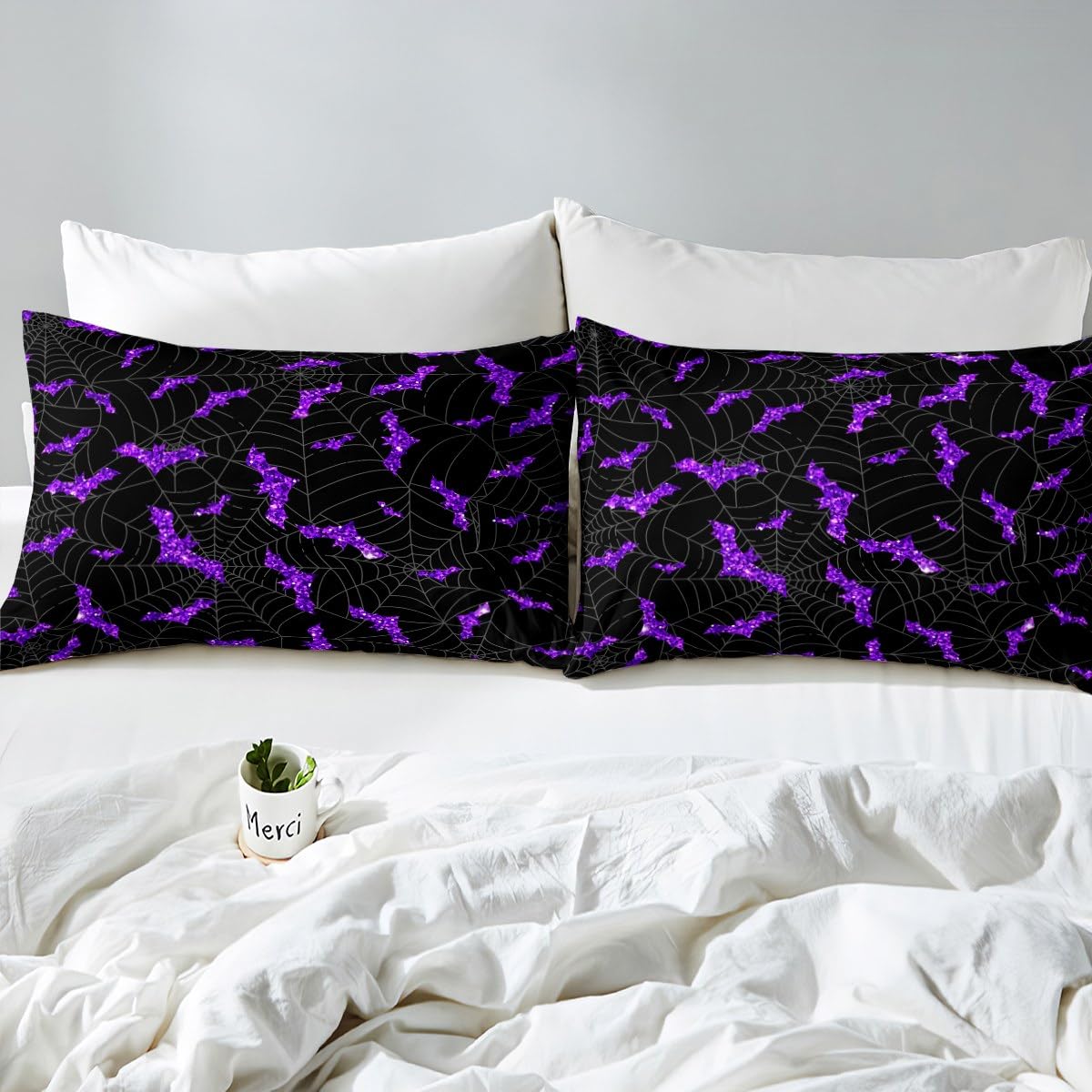 Purple Glitter Bat Duvet Cover Set Full Size Spider Web Bedding Set 3Pcs Happy Halloween Theme Comforter Cover for Kids Boys Girls Teens Room Decor Fashion Gothic Black Quilt Cover,2 Pillowcases