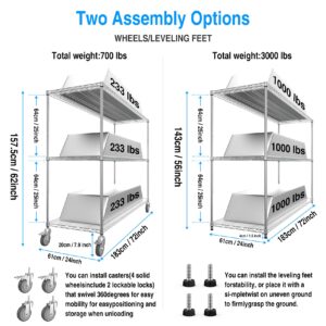 3 Tier 3000lbs Capacity NSF Metal Shelf Wire Shelving Unit, Heavy Duty Adjustable Storage Rack with 5in Wheels & Shelf Liners and Extensible Designs Utility Storage Rack, Chrome - 62"H x 72"L x 24"D