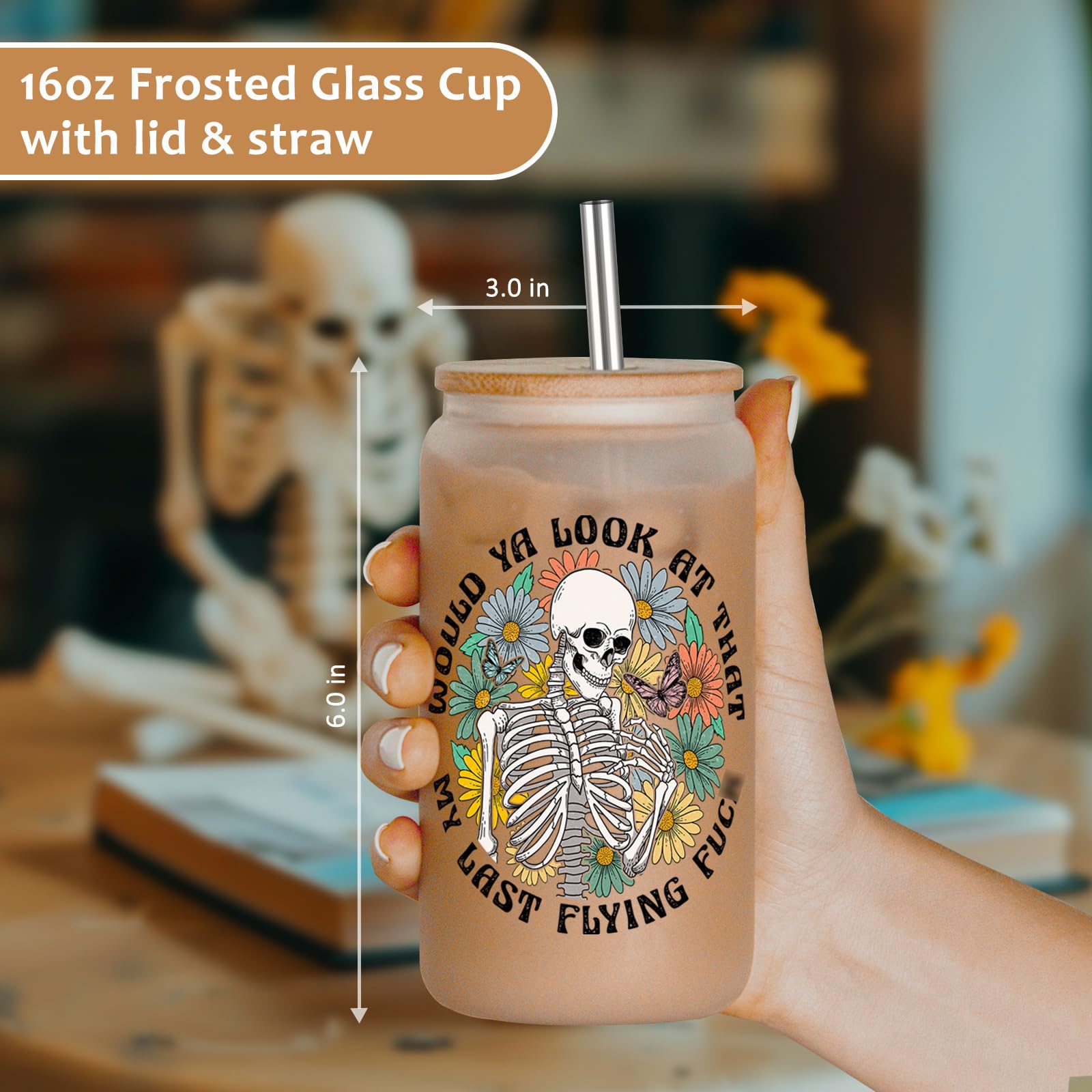 GSPY Skeleton Cup, Halloween Glass Cups with Lids and Straws - 16 oz Iced Coffee Cups, Funny Spooky Skull Tumbler - Witchy Gifts for Women - Christmas, Halloween Gifts for Friend, Sister, Mom