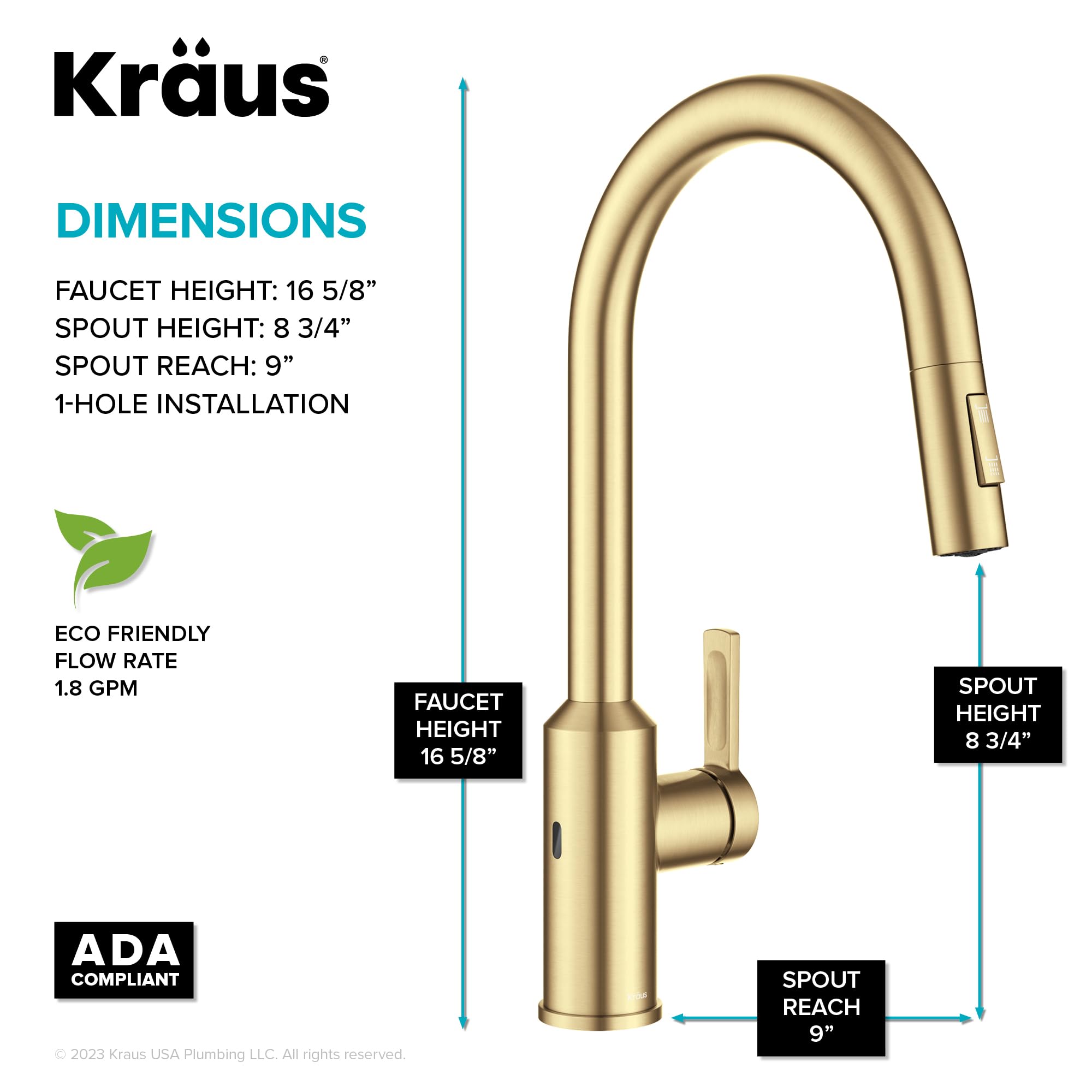 KRAUS Oletto Touchless Sensor Pull-Down Single Handle Kitchen Faucet in Brushed Brass, KSF-2830BB