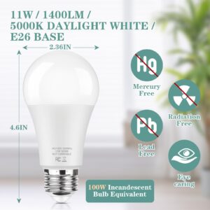 6-Pack A19 LED Light Bulbs, 100W Equivalent 5000K Daylight White LED Bulb, Super Bright 11W 1400 Lumens, E26 Standard Medium Base, No Flicker Non-Dimmable, Lighting for Bedroom Living Room Home Office