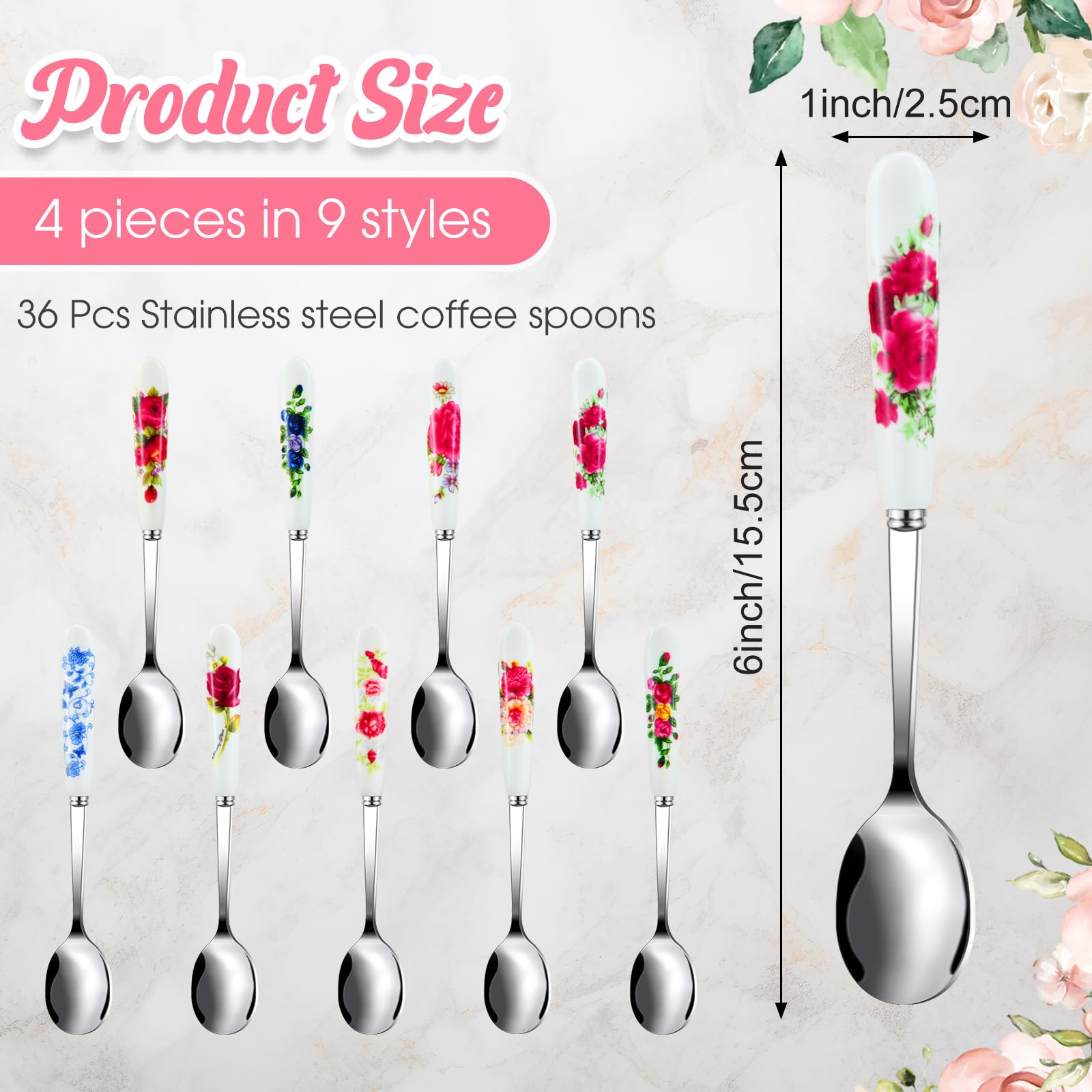 Hushee 36 Pcs Stainless Steel Dessert Spoons Coffee Tea Spoons for Tea Party 6 Inch with Ceramic Handle Chinese Floral Coffee Spoons Soup Spoons Sugar Spoons for Home Tableware Tea Party Supplies