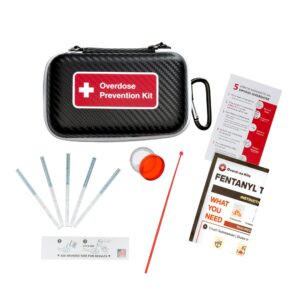 fentanyl test strip opioid overdose prevention kit | includes 5 fentanyl test strips for pills, powders & liquids + naloxone carry case + mixing container + 10mg spoon and instructions (1)