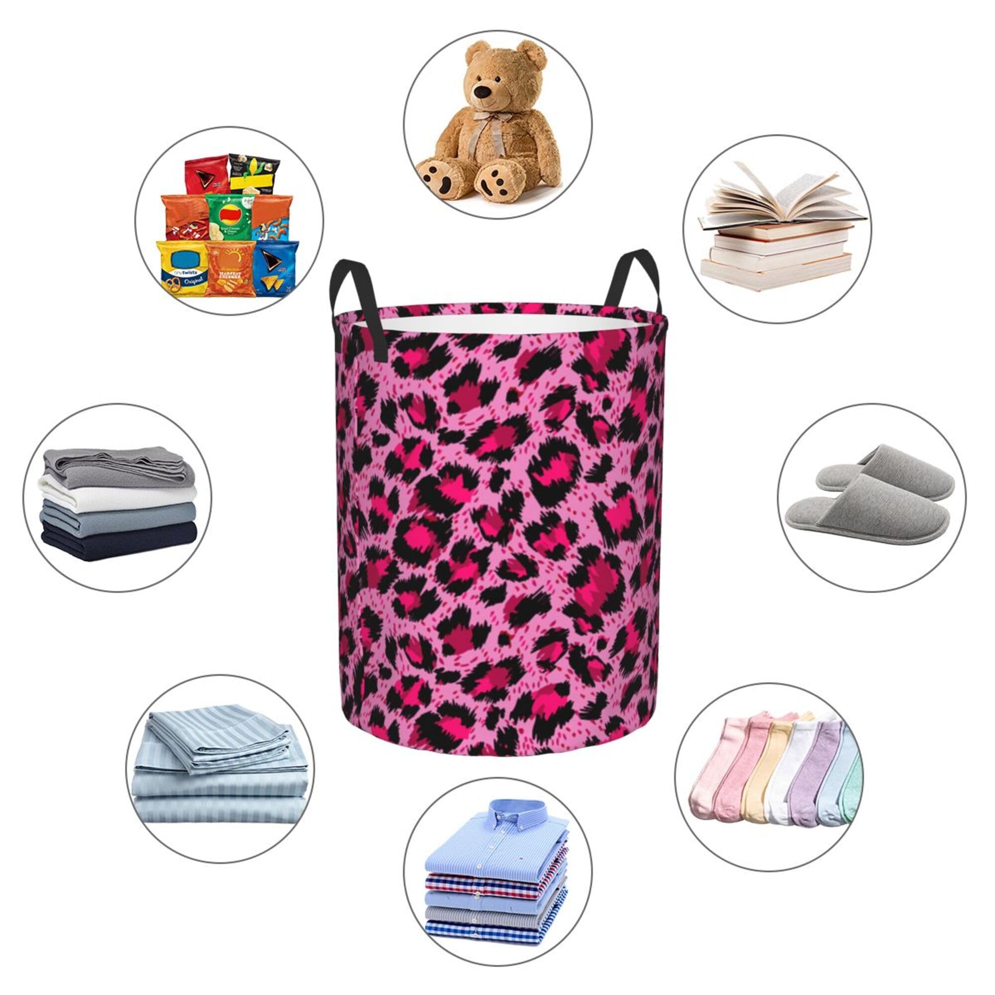 Unique Laundry Basket Compatible With Pink Cheetah Leopard Print Collapsible Laundry Hamper with Handle, Lightweight Oxford Fabric Clothes Storage Bin for Bathroom Nursery