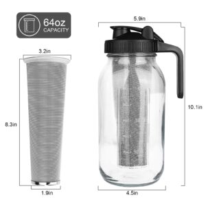 QHH Cold Brew Coffee Maker, 64 oz Wide Mouth Mason Jar Pitcher with Stainless Steel Filter, Pour Spout Handle Lid, Heavy Duty Glass Airtight & Leak-Proof Pitcher for iced coffee & Tea Lemonade