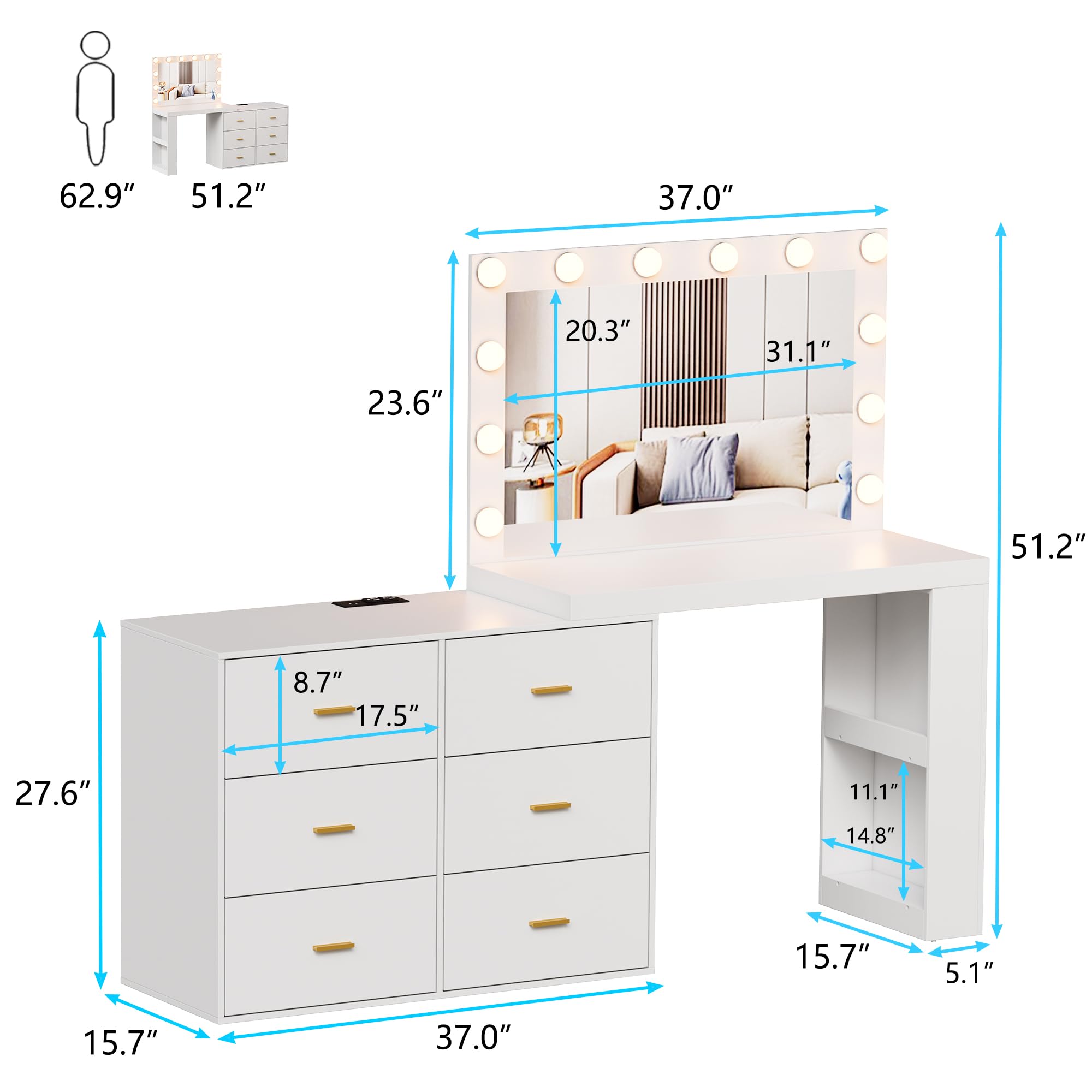 PakaLife Makeup Vanity with Mirror and 3-Color Lights, Vanity Desk Dressing Table with Charging Station,6 Drawers,Side 2 Storage Shelves for Bedroom,White