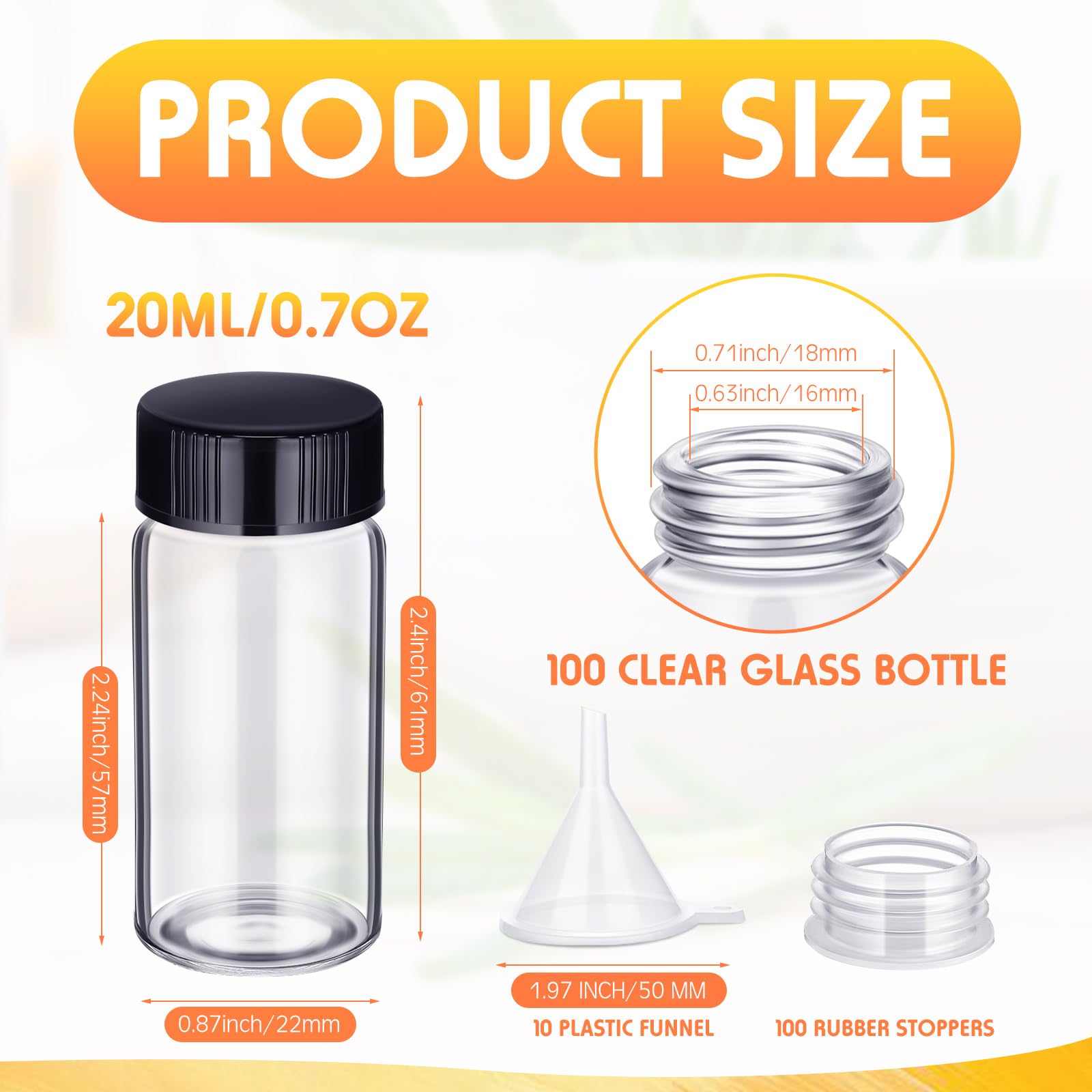 Ziliny 110 Pack 20 ml Glass Vials Clear Small Empty Glass Sample Bottles with Screw Cap Plastic Stoppers, Shims and Plastic Mini Funnels, Sample Leakproof Small Vials Storage Container