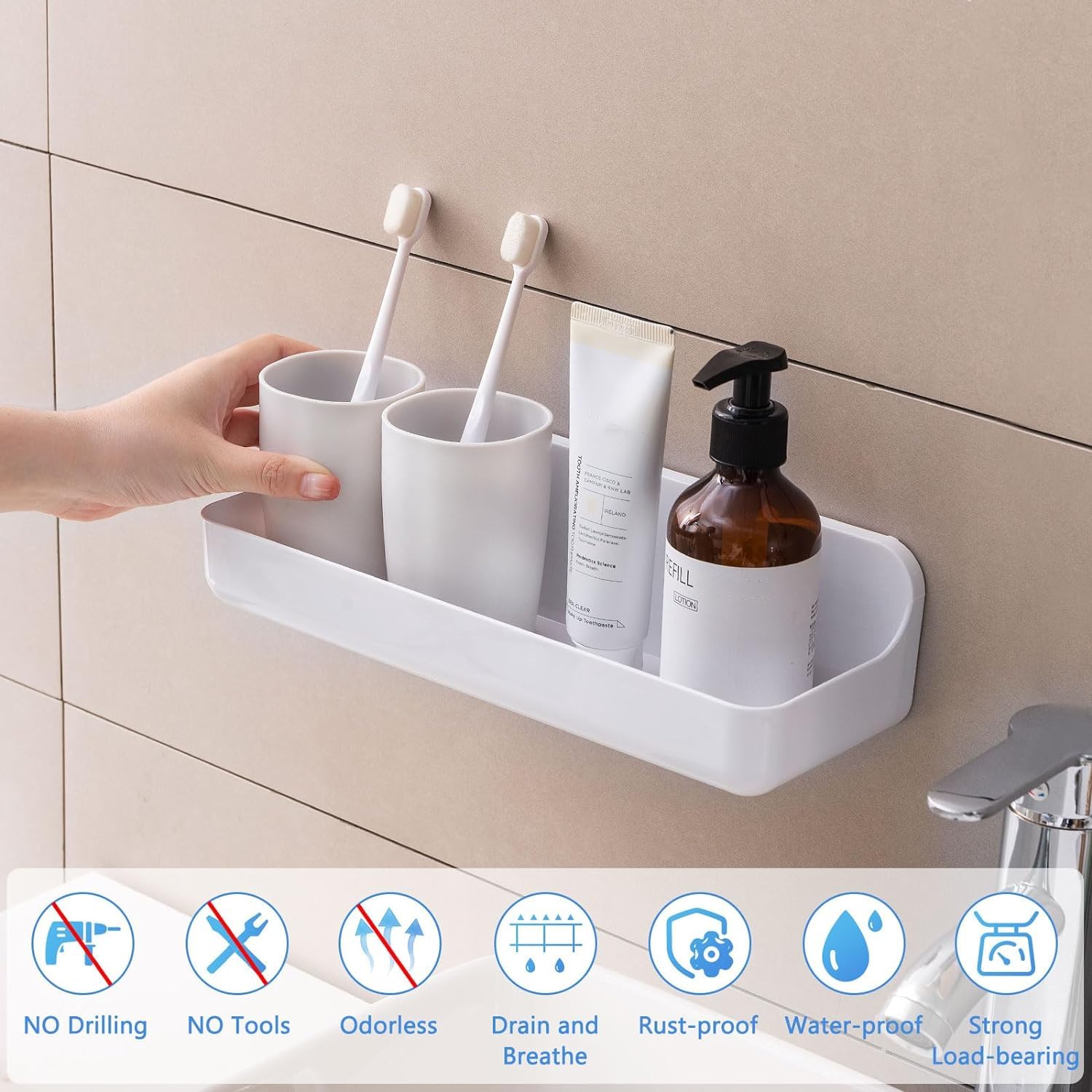 ANRUI Wall Mounted Shower Caddy, Plastic Adhesive Shelves for Wall, No Drilling Hang Shower Storage, Shower Caddies Organizer, Bathroom Shelf organizer for Bathroom, Kitchen, Cabinet Door- White