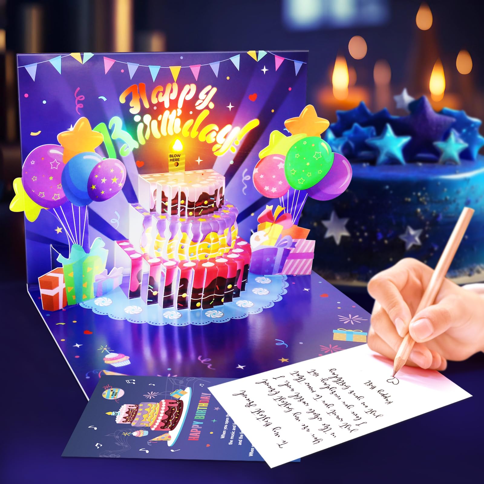 FITMITE Birthday Cards, Musical Pop Up Birthday Cards with Light, Blow Out LED Light Candle and Play Happy Birthday Music Pop Up Card, Birthday Gifts for Women Men Husband Wife Kids Greeting Cards