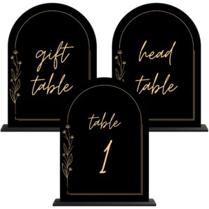 1-10 black arched acrylic wedding table numbers, gold print acrylic table numbers for wedding reception with head and gift table number, floral gold table numbers, gold floral design table numbers