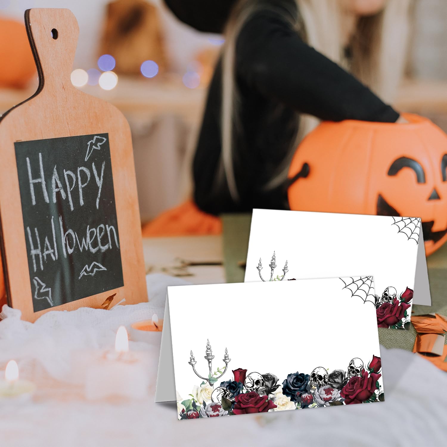 2.1x 3.5 In Place Cards for Halloween, Scored for Easy Folding, Floral and Skull Seating Cards, Table Tent Style Name Cards for Dinner Reception, Buffet Banquets, Happy Halloween Decorations -03