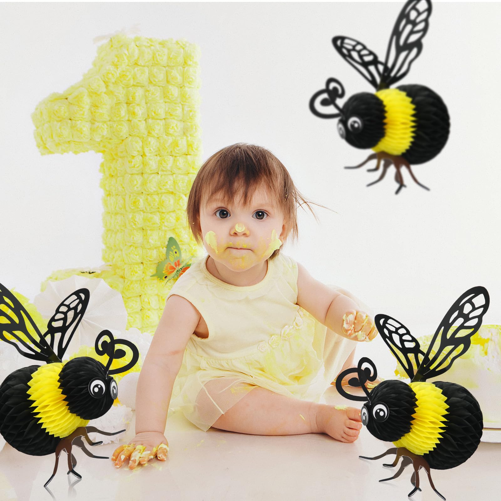 Jetec 6 Pcs Bee Party Decorations 8'' Tissue Bee Honeycomb Bee Hanging Decor for Baby Shower Gender Reveal Decoration Birthday Table Centerpieces Honey Bee Hive Decoration, 8'' x 10''