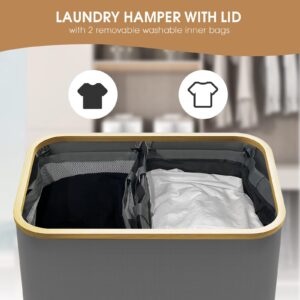 HAPPYMATE Laundry Hamper with Lid, Large Basket for Laundry, 150L Laundry Hamper with 2 Sections, Removable Inner Bags, with Handles, Dirty Clothes Hampers for Bedroom, Bathroom, Gray