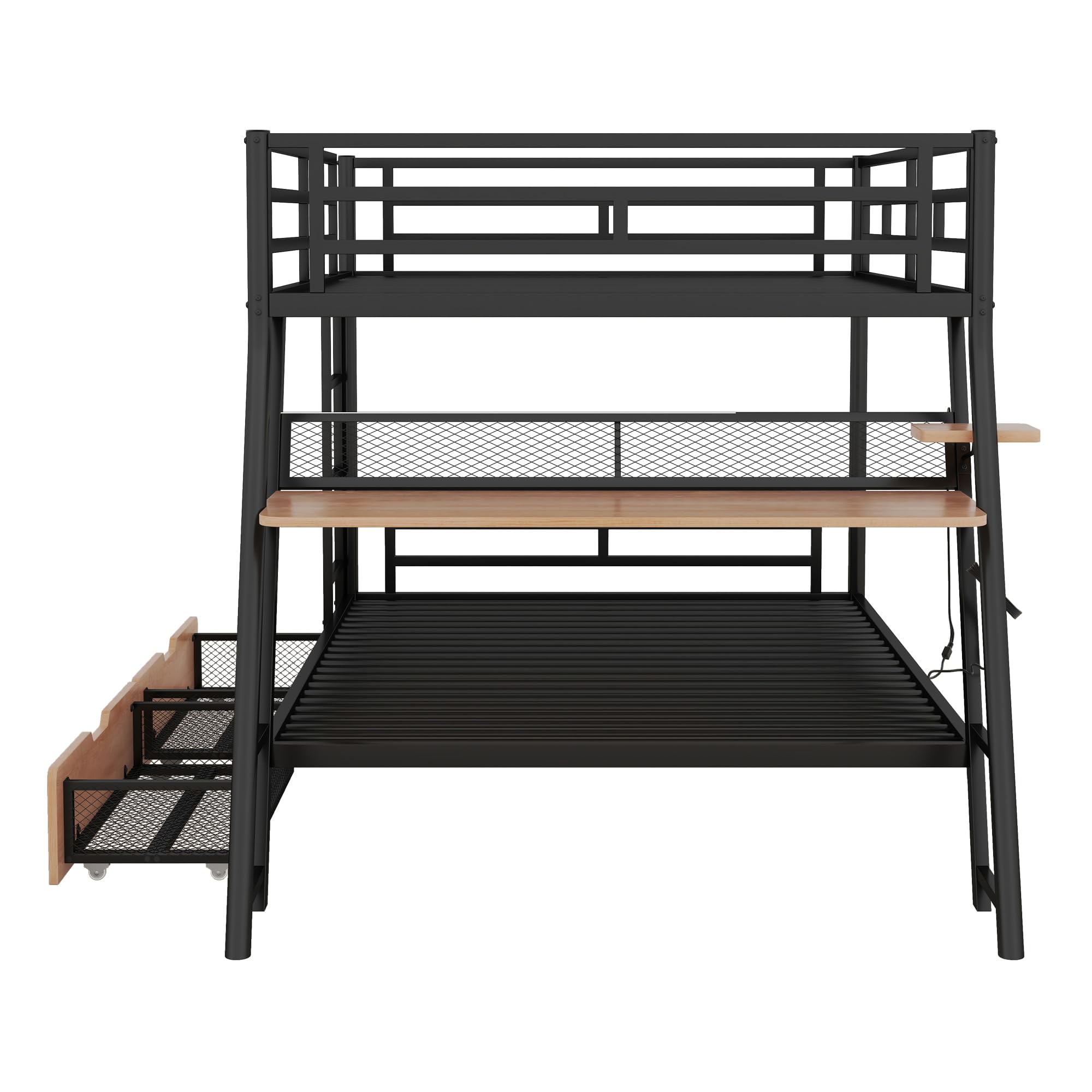 Flieks Bunk Bed, Full Over Full Metal Bunk Bed Frame with Built-in Desk, Light, 2 Drawers, Safety Guard Rails and Ladder, Heavy-Duty Steel Frame Bunk Bed for Kids Teens Adults (Black)