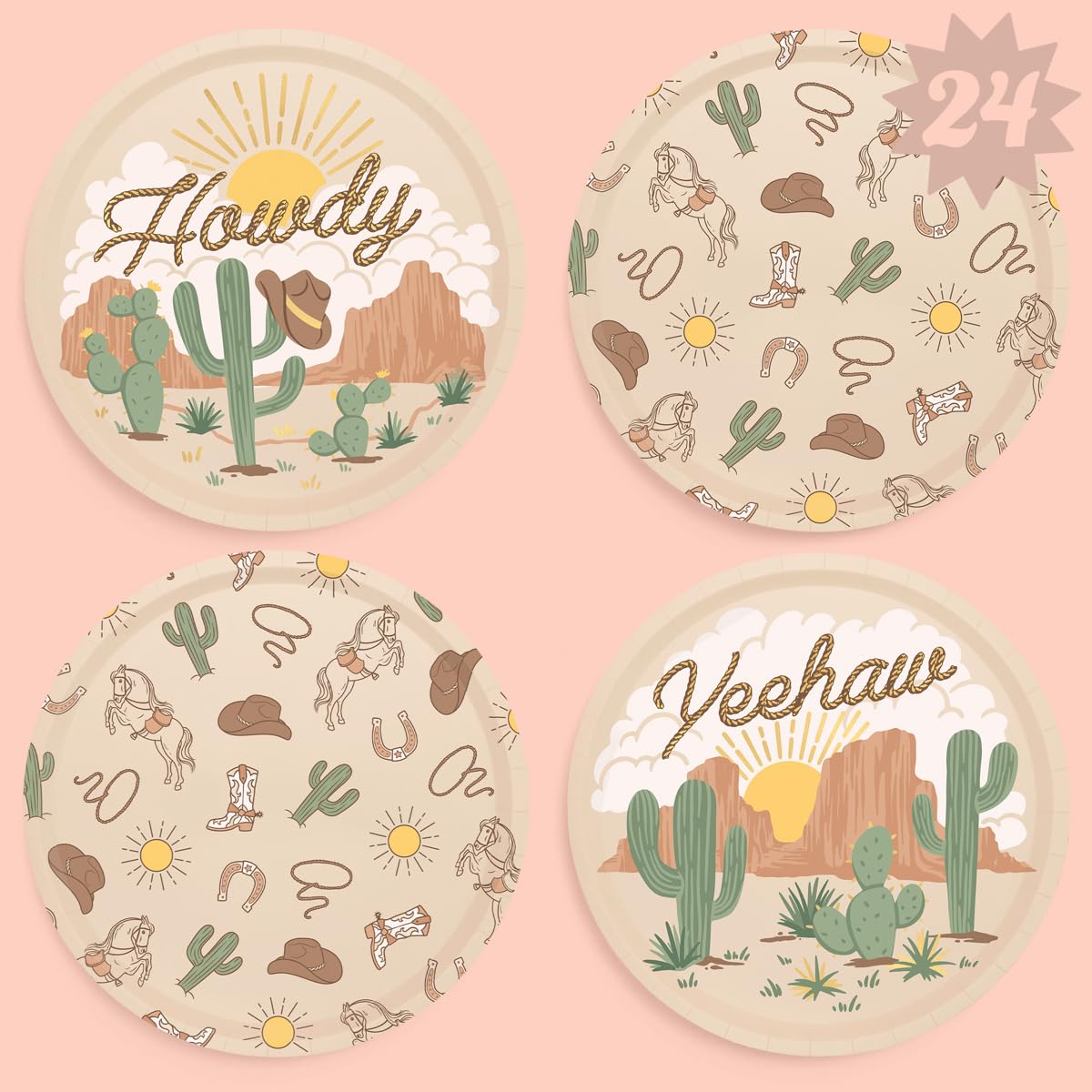 xo, Fetti Western Rodeo Paper Plates - 24 pk, 9" | Cowboy Birthday Party Decorations, Howdy Cowgirl Supplies, Yeehaw Western Baby Shower Favors, Wild West Theme Tableware