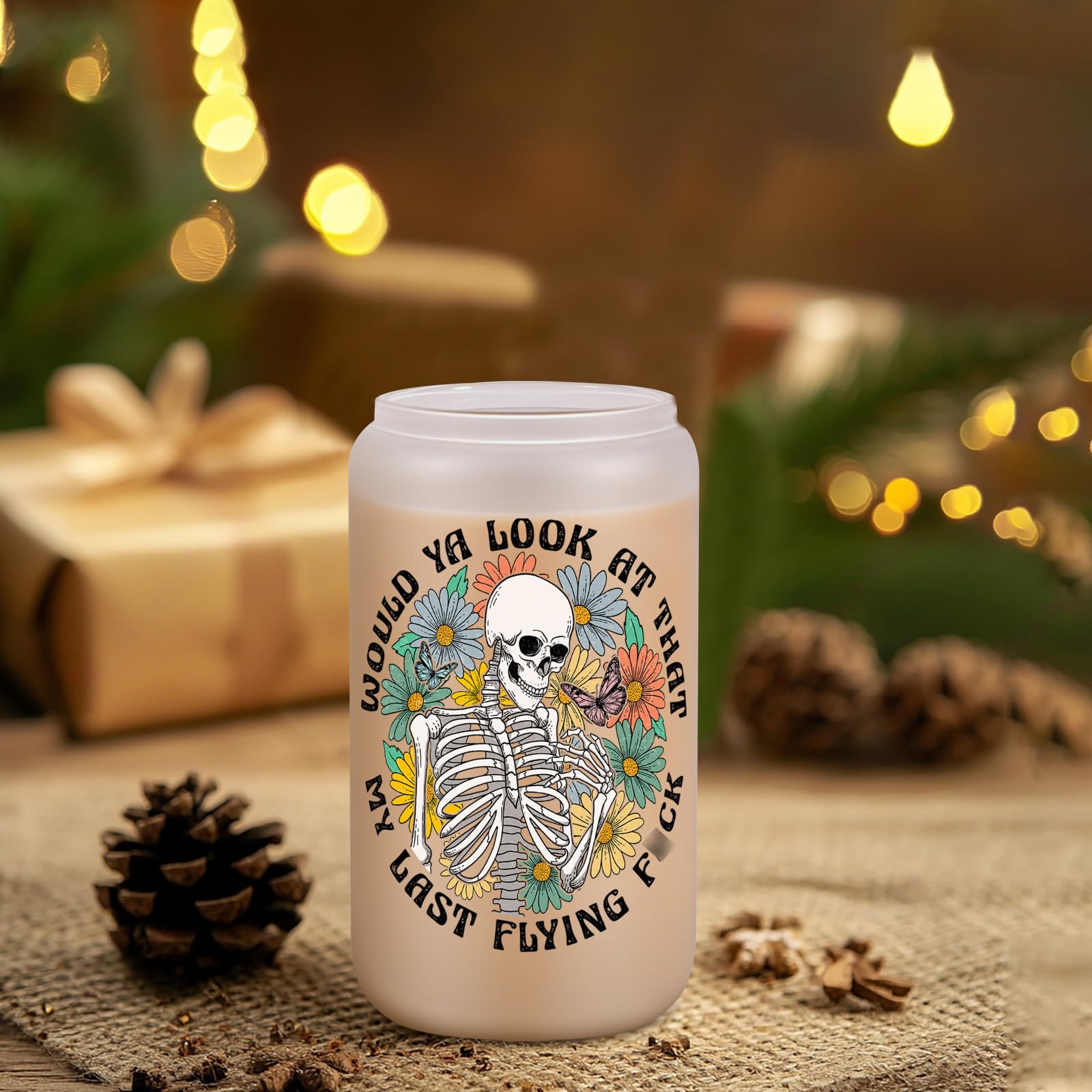 GSPY Skeleton Cup, Halloween Glass Cups with Lids and Straws - 16 oz Iced Coffee Cups, Funny Spooky Skull Tumbler - Witchy Gifts for Women - Christmas, Halloween Gifts for Friend, Sister, Mom