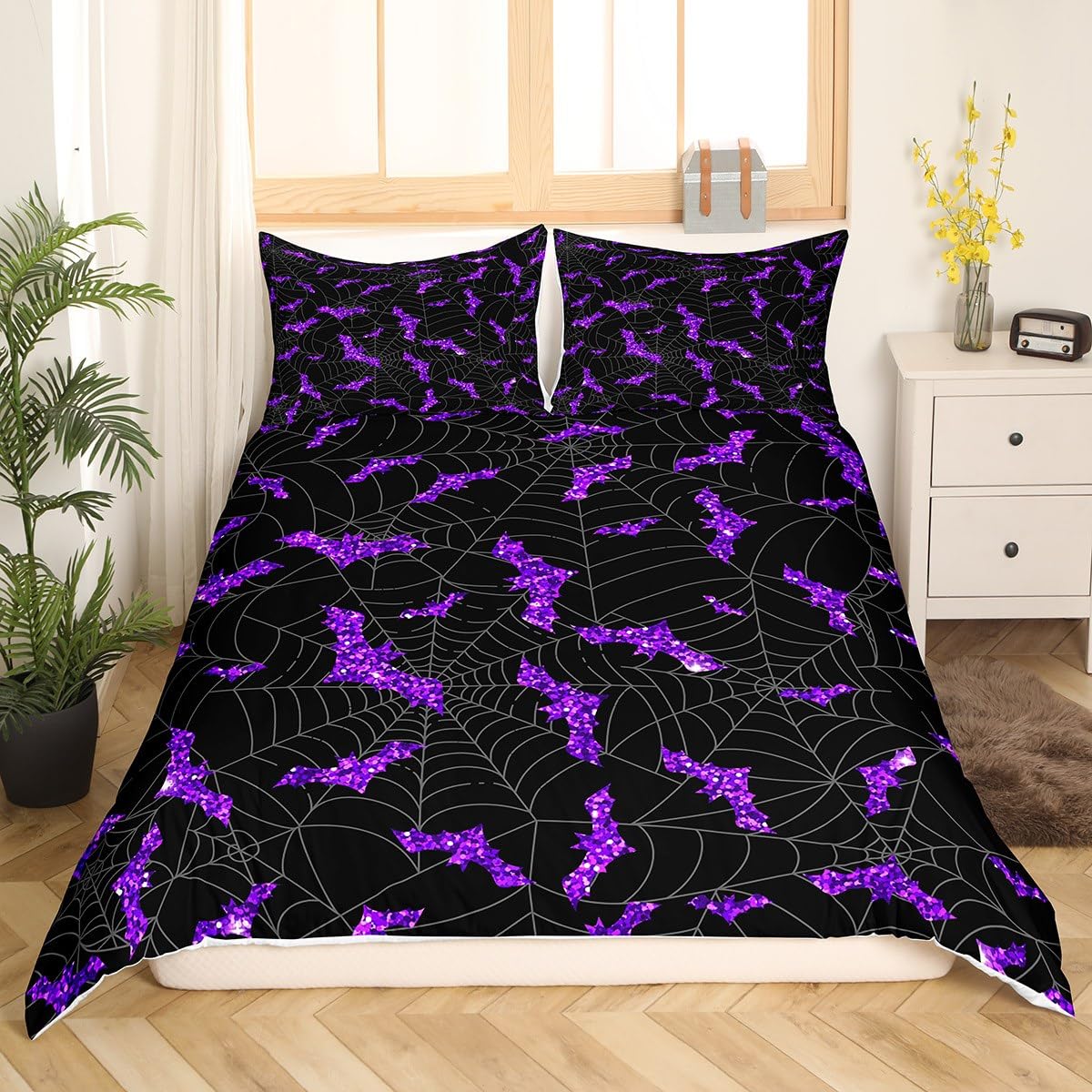 Purple Glitter Bat Duvet Cover Set Full Size Spider Web Bedding Set 3Pcs Happy Halloween Theme Comforter Cover for Kids Boys Girls Teens Room Decor Fashion Gothic Black Quilt Cover,2 Pillowcases