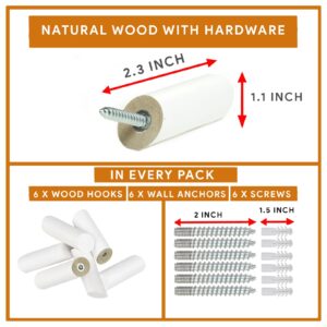 barilo Wood Wall Hooks, 6 Pack Hat Hooks for Wall | White Coat Hooks Wall Mounted | Modern, Decorative Wooden Wall Hangers | Hook for Hanging Backpage, Robe, Hat, Towel, Coat, Purse, Bag