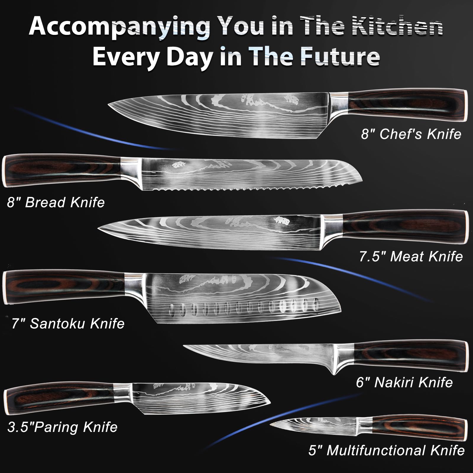 Knife Set with Block for Kitchen - 7Pcs Hand-Forged Kitchen Knife and Magnetic Holder with Ergonomic Handle-Perfect for Novice to Professional Chefs.