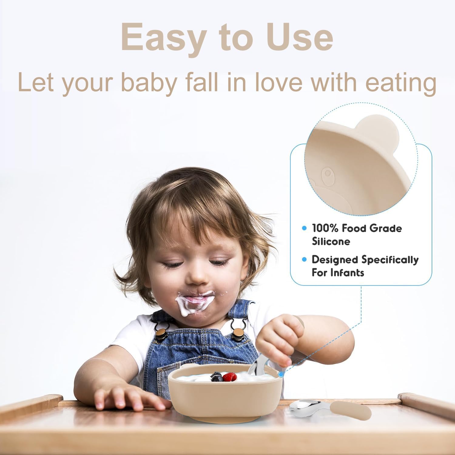 Mrkyy Silicone Baby Feeding Set, Baby Led Weaning Supplies 8 Pack with Suction Plate and Bowl, Self Feeding Spoons Forks Sippy Cup Adjustable Bib, Eating Utensils for 6+ Months - Beige