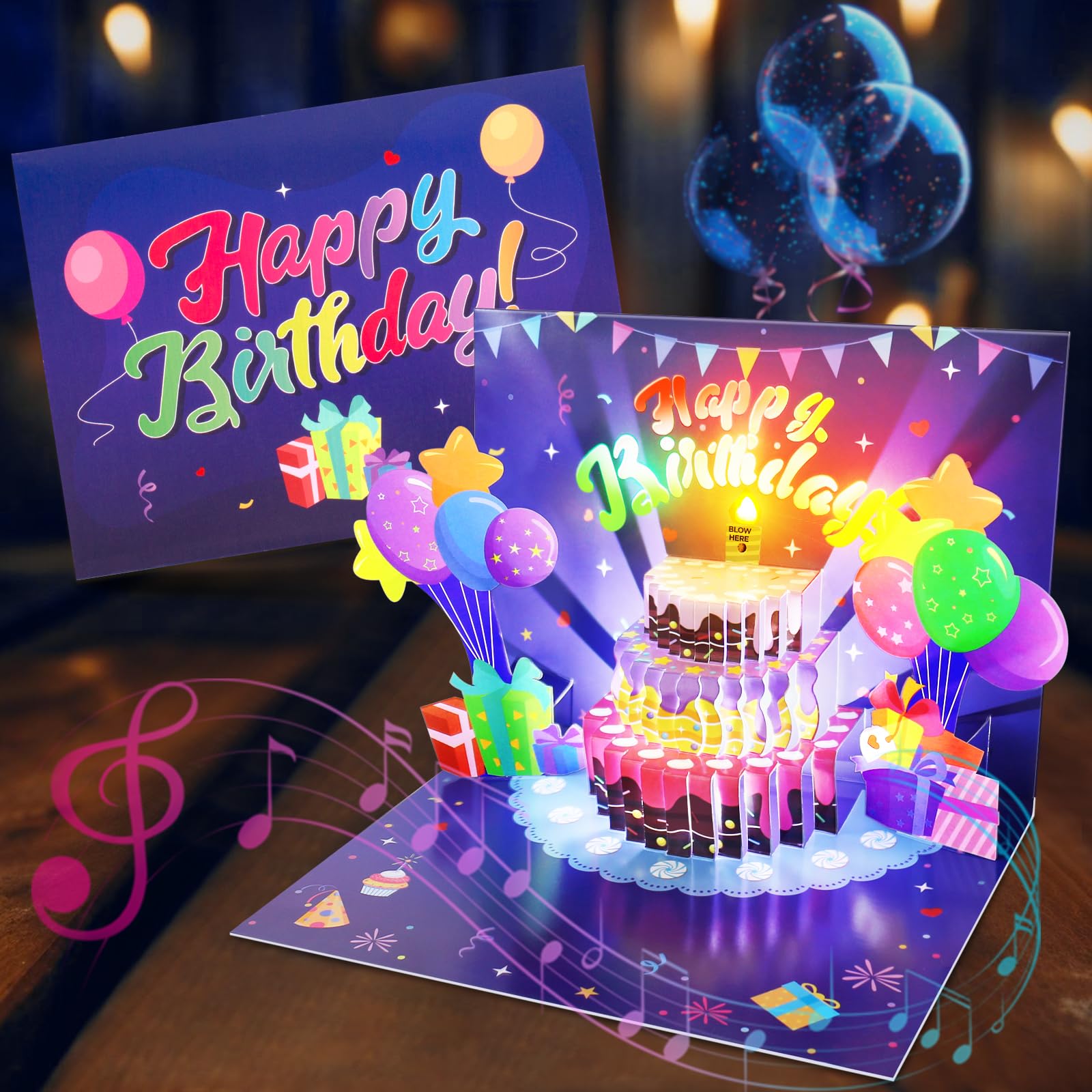 FITMITE Birthday Cards, Musical Pop Up Birthday Cards with Light, Blow Out LED Light Candle and Play Happy Birthday Music Pop Up Card, Birthday Gifts for Women Men Husband Wife Kids Greeting Cards