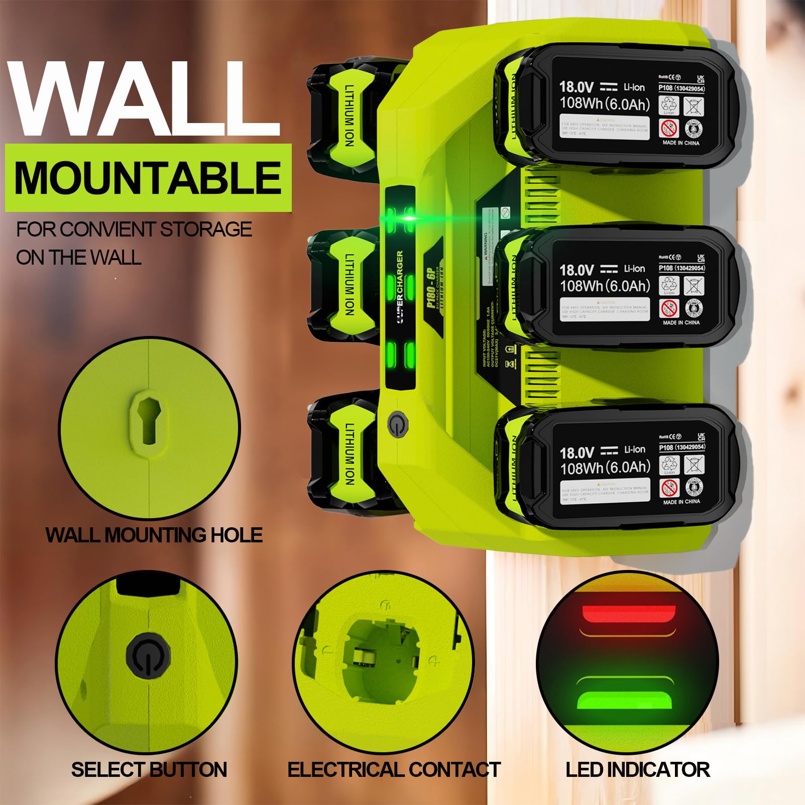 6-Ports Rapid Charger Replace for Ryobi P135 18V ONE+ Charger Compatible with for Ryobi 18V ONE+ Battery Lithium Ion P108 P107 P104 P105 P103