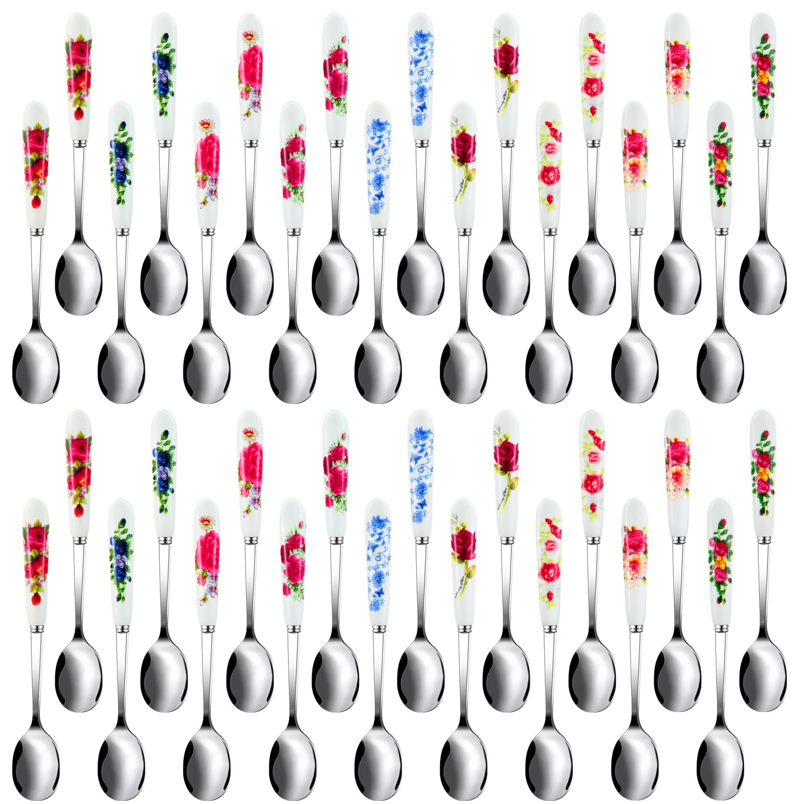 Hushee 36 Pcs Stainless Steel Dessert Spoons Coffee Tea Spoons for Tea Party 6 Inch with Ceramic Handle Chinese Floral Coffee Spoons Soup Spoons Sugar Spoons for Home Tableware Tea Party Supplies