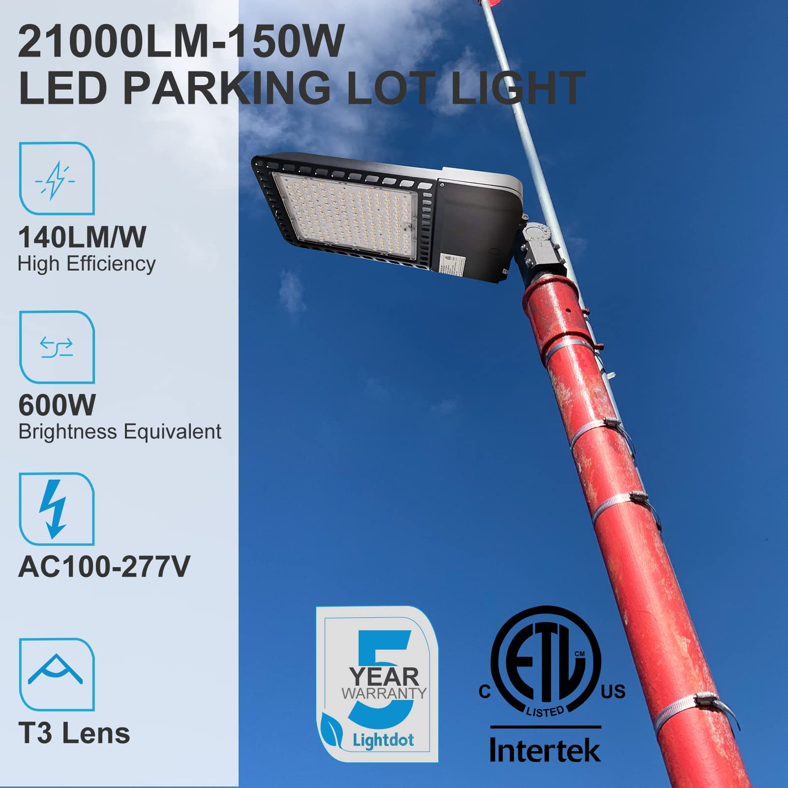 Lightdot 150W Parking Lot Lights 21000Lm (Eqv 600W HPS) 5000K Led Parking Lot Lights with Dusk to Dawn, ETL Listed LED Pole Light with Slipfitter Mount,IP65, Energy Saving