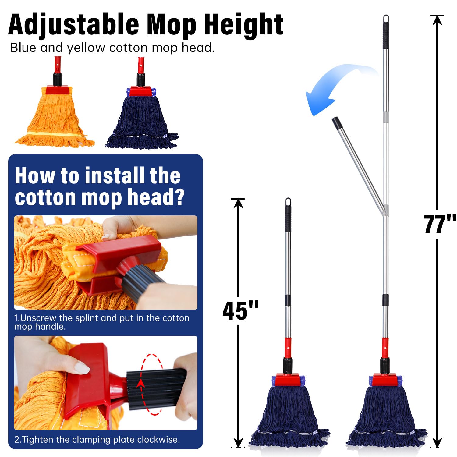 Looped-End String Wet Mop, Heavy Duty Commercial Industrial Dust Mop with 45 inch Stainless Steel Pole, 2 Replacement Floor Mop Heads for Floor, Hardwood, Laminate, Tiles Cleaning (Blue&Orange)