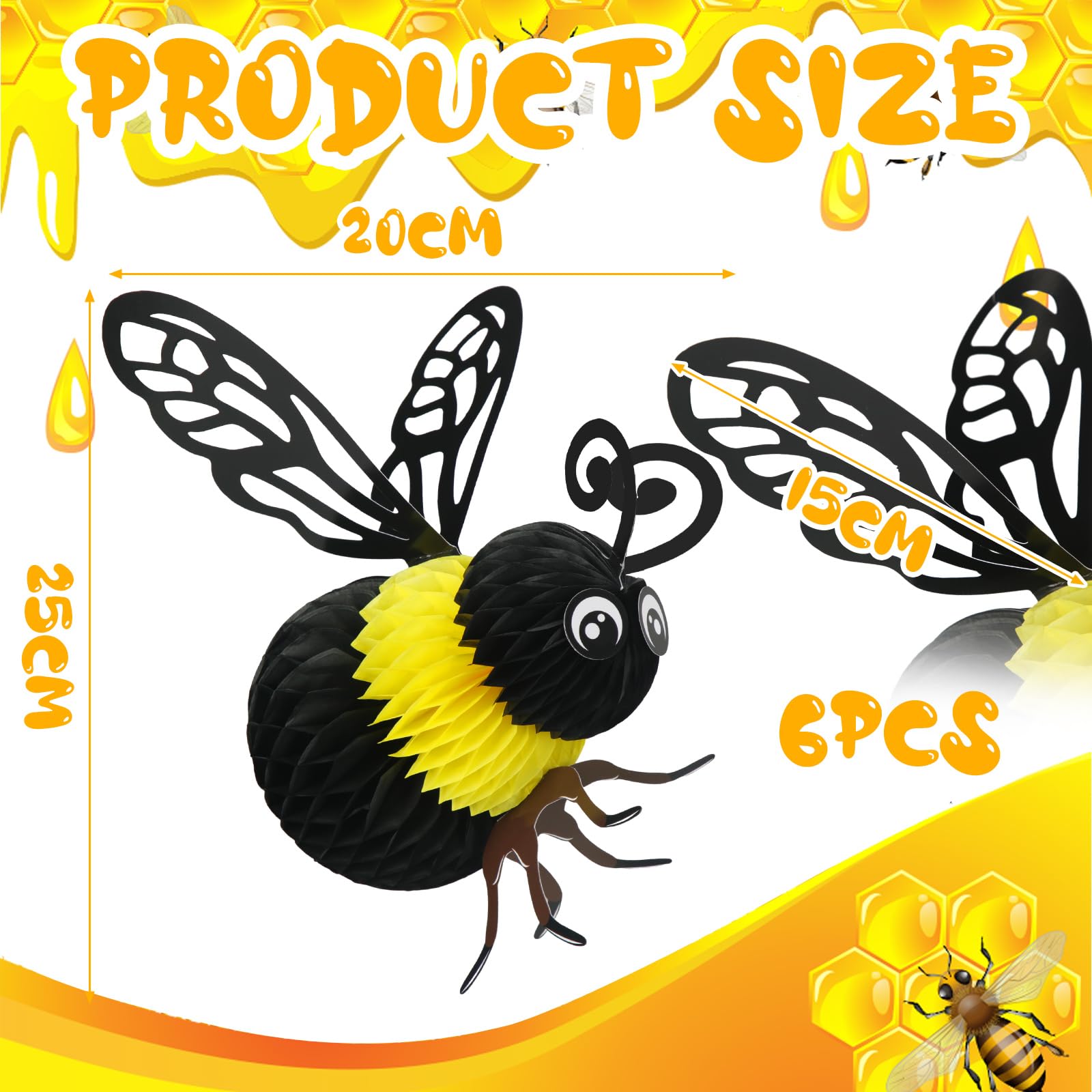 Jetec 6 Pcs Bee Party Decorations 8'' Tissue Bee Honeycomb Bee Hanging Decor for Baby Shower Gender Reveal Decoration Birthday Table Centerpieces Honey Bee Hive Decoration, 8'' x 10''