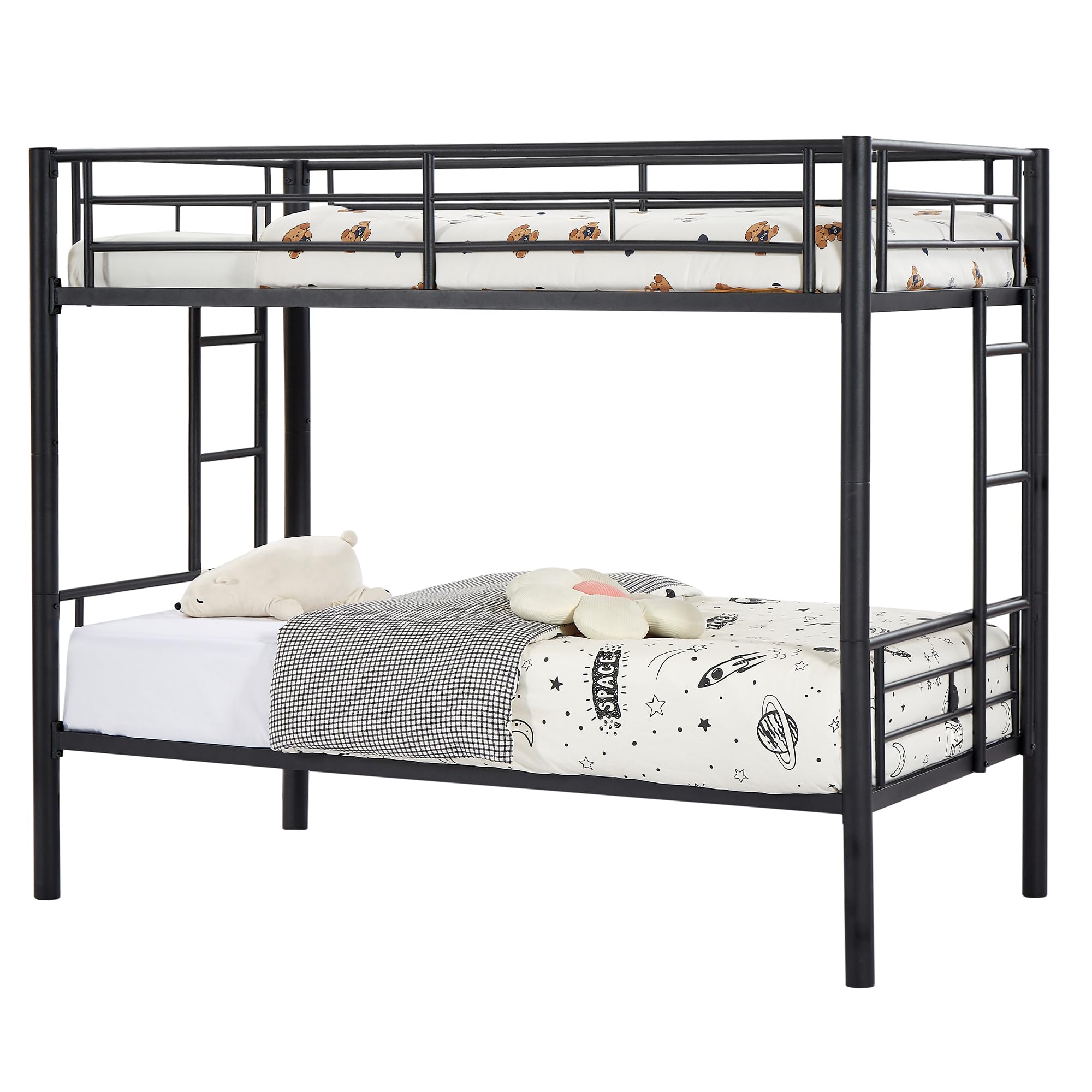 VECELO Metal Bunk Bed Twin Over Twin, Industrial Bunkbeds with Ladder and Full-Length Guardrail, Noise Free, No Boxing Spring Needed, Black