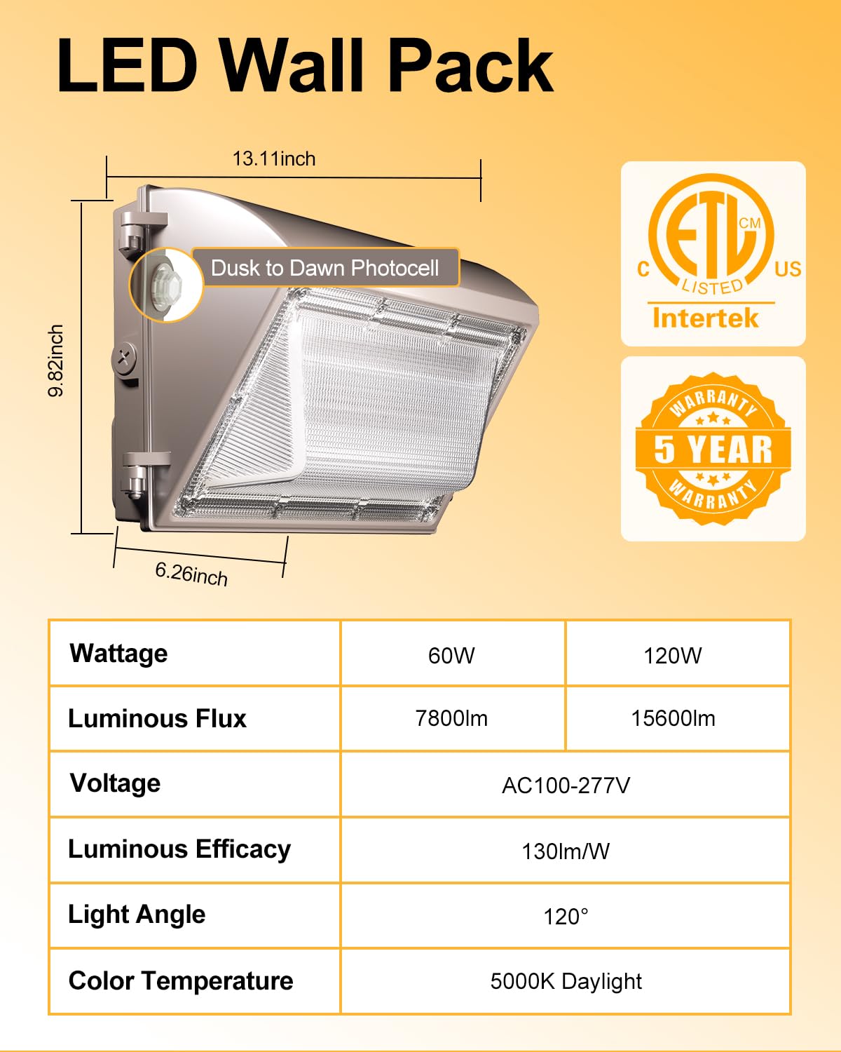 JC-LGL LED Wall Pack Light 60W 7800lm with Dusk to Dawn Photocell, 5000K Daylight Wall Pack Outdoor Light Repalces 600W HPS/HID Light, IP65 Waterproof for Stadium, Yard, Buildings, Parking Lots