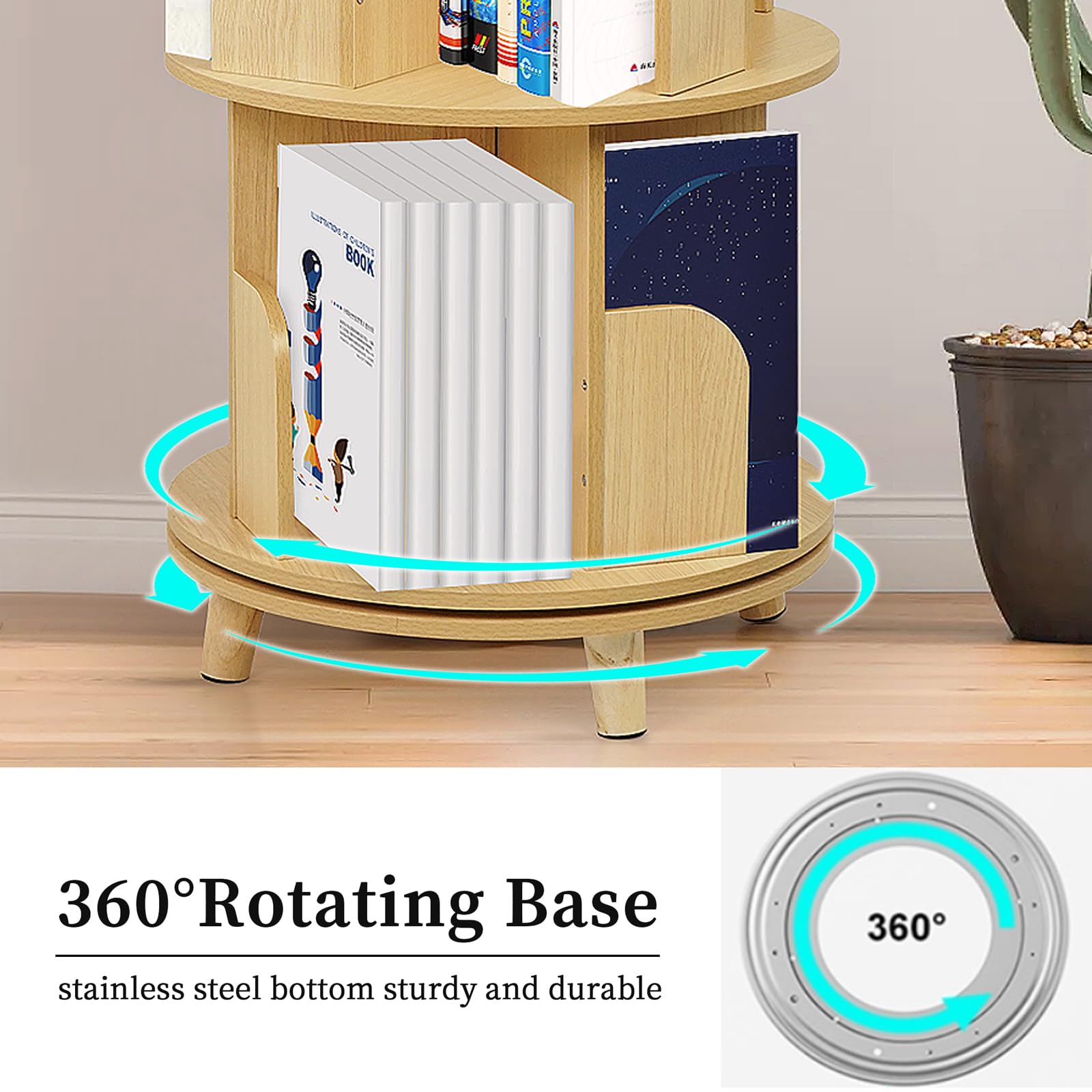 ybaymy Rotating Bookshelf, 4 Tier Floor Standing Bookcase Storage Rack, 360° Spinning Bookshelf with Legs Floor-Standing Bookcase Storage Rack for Bedroom, Living Room